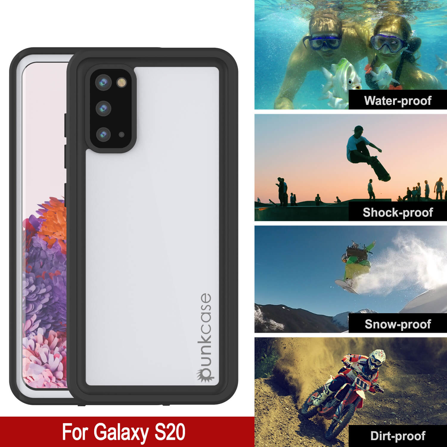 Galaxy S20 Waterproof Case, Punkcase StudStar White Thin 6.6ft Underwater IP68 Shock/Snow Proof