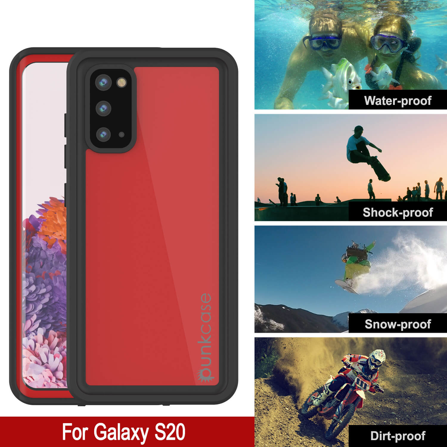Galaxy S20 Waterproof Case PunkCase StudStar Red Thin 6.6ft Underwater IP68 Shock/Snow Proof
