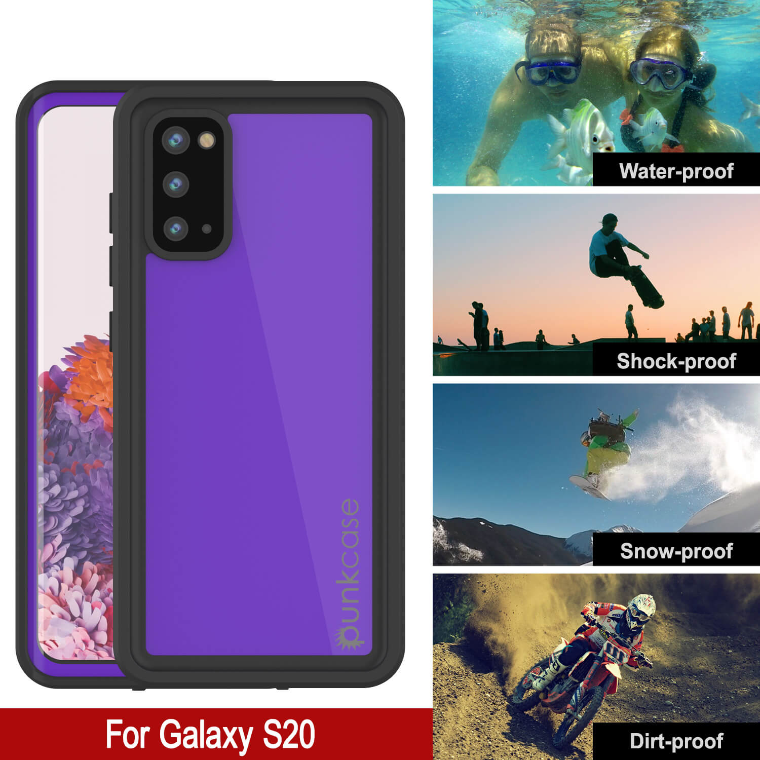 Galaxy S20 Waterproof Case PunkCase StudStar Purple Thin 6.6ft Underwater IP68 Shock/Snow Proof