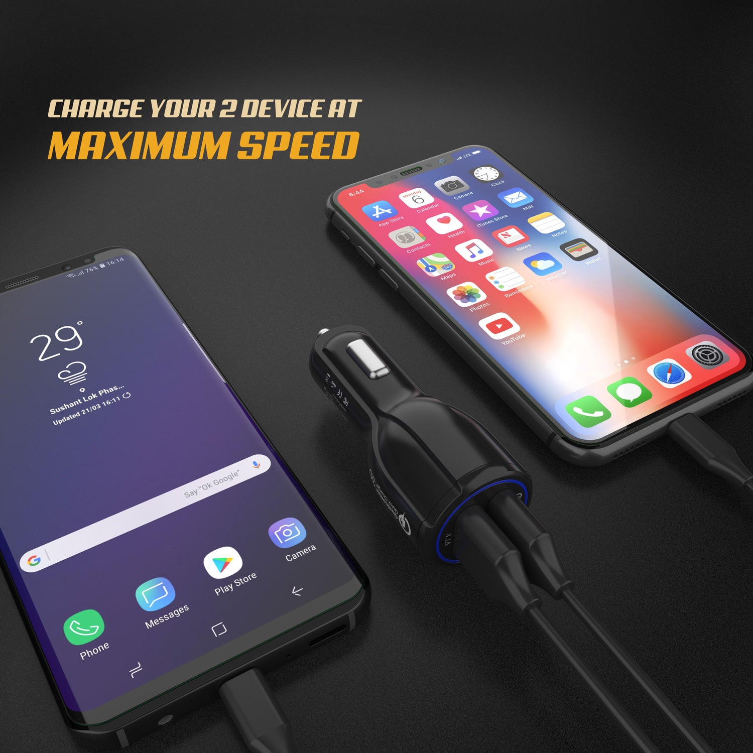 PunkCase NRGcharge QuickCharge 2.0 Rapid High-speed Fast Wall Car Black Charger w/ Micro USB Cable