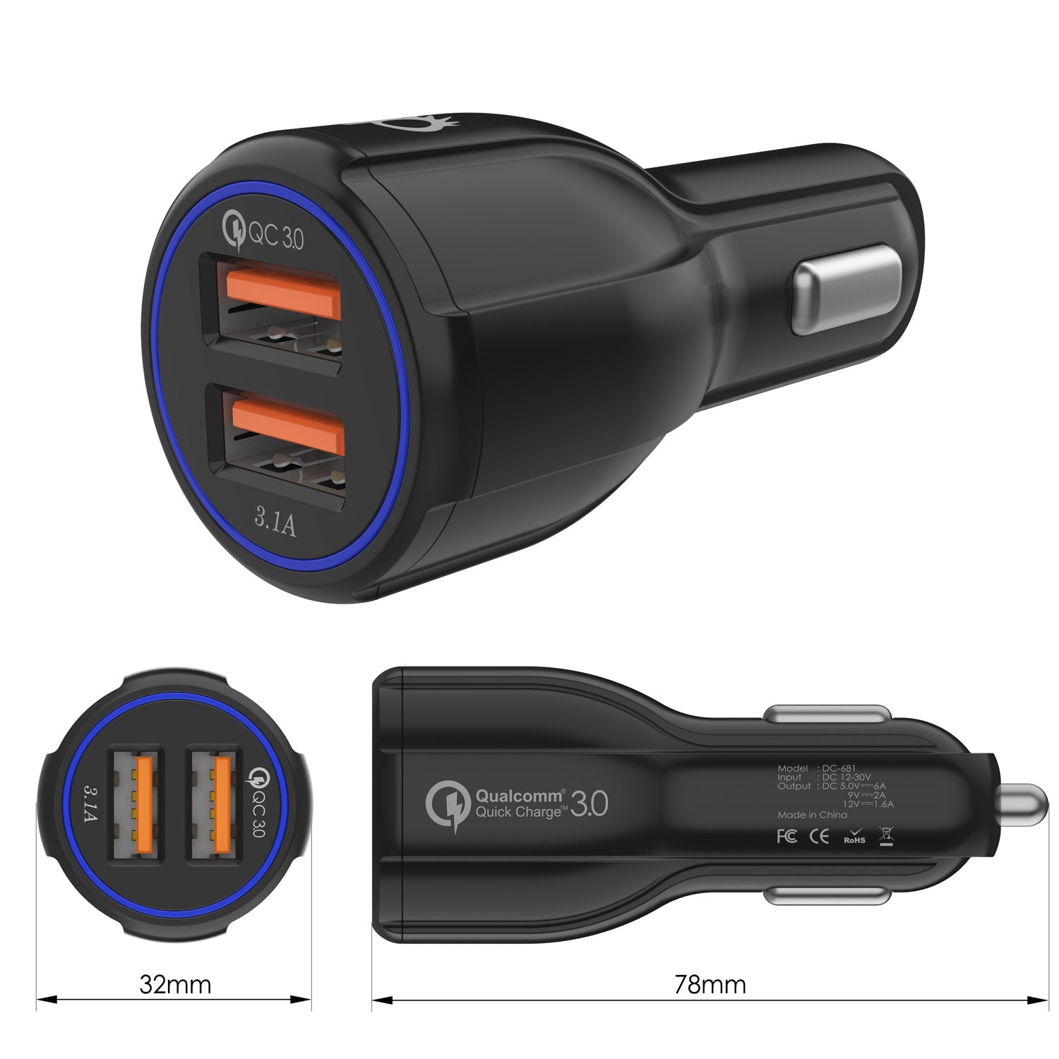 PunkCase NRGcharge QuickCharge 2.0 Rapid High-speed Fast Wall Car Black Charger w/ Micro USB Cable