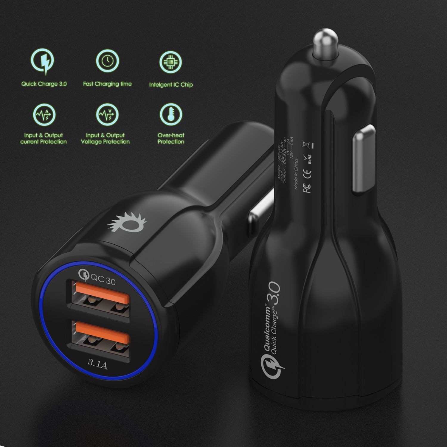 PunkCase NRGcharge QuickCharge 2.0 Rapid High-speed Fast Wall Car Black Charger w/ Micro USB Cable