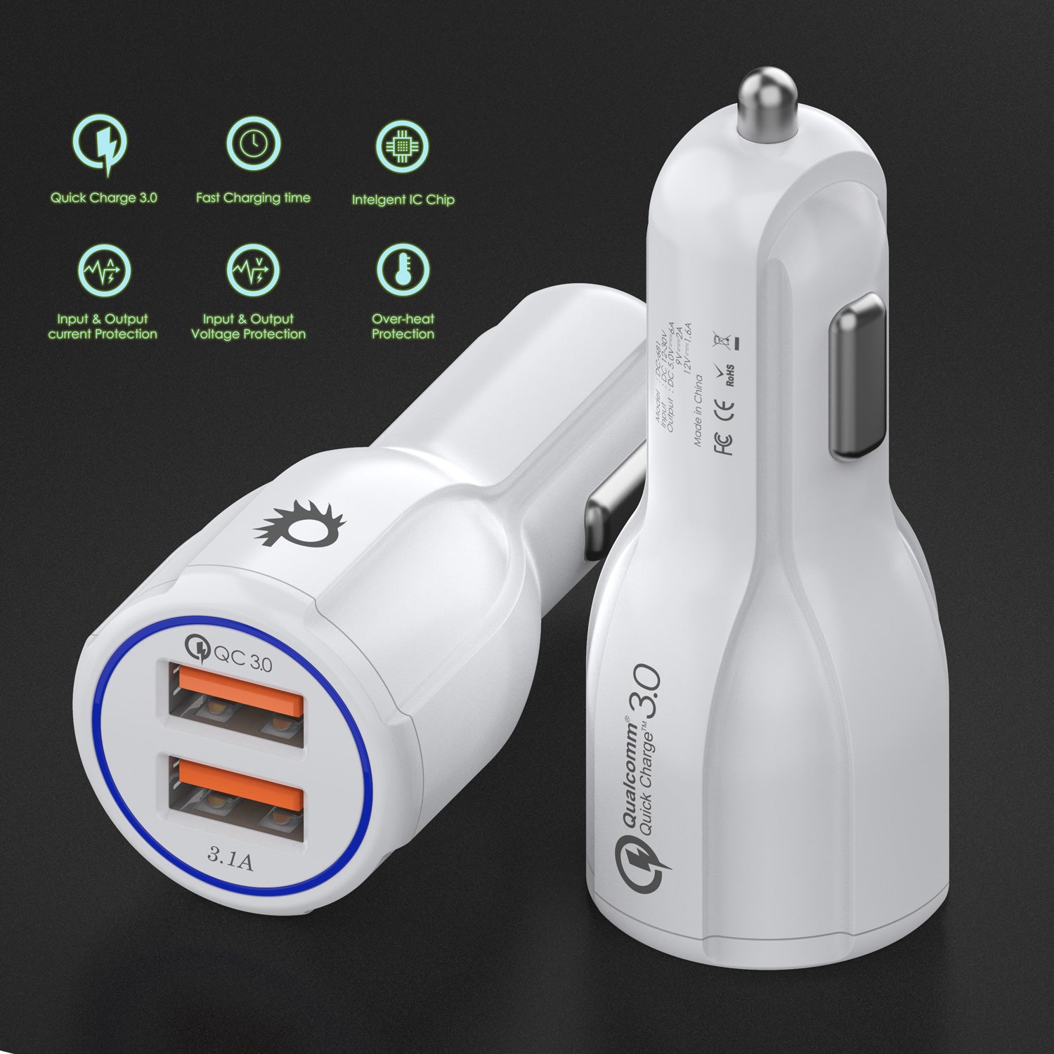 PunkCase NRGcharge QuickCharge 2.0 Rapid High-speed Fast Wall Car White Charger w/ Micro USB Cable