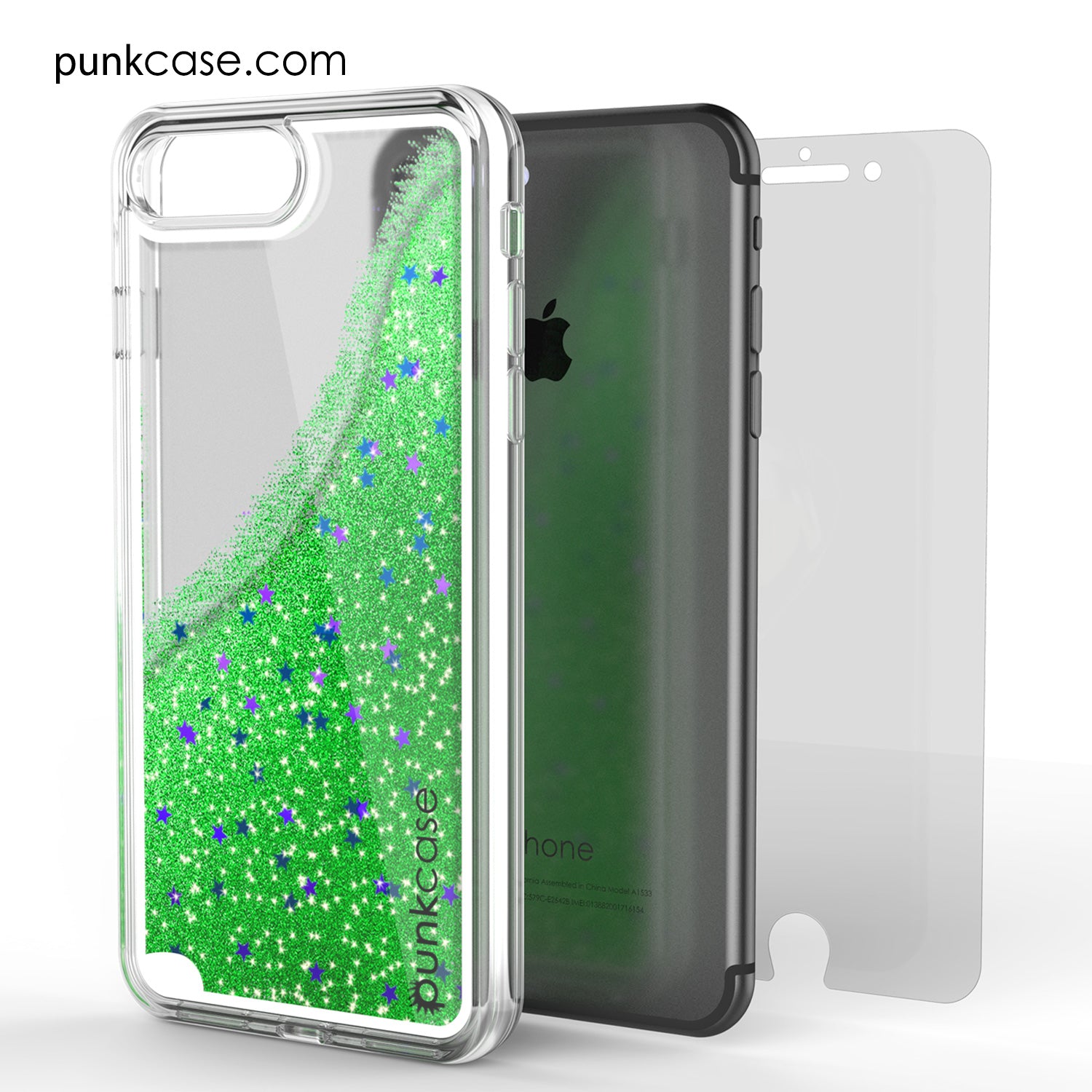 iPhone 7+ Plus Case, PunkCase LIQUID Green Series, Protective Dual Layer Floating Glitter Cover