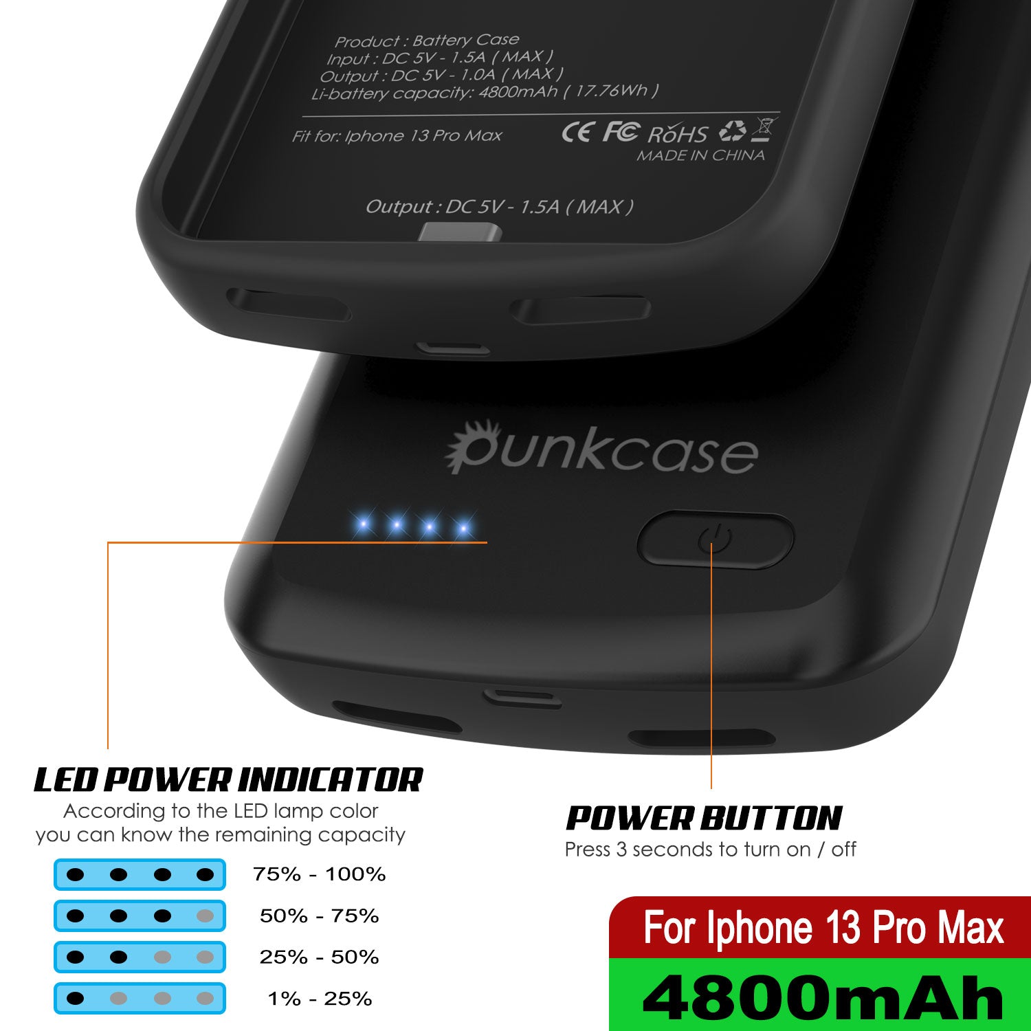 Coque Batterie 5000mAh Pour IPhone 13 Pro Max - Étui De Charge Portable Rechargeable, Protection Complète, Rose