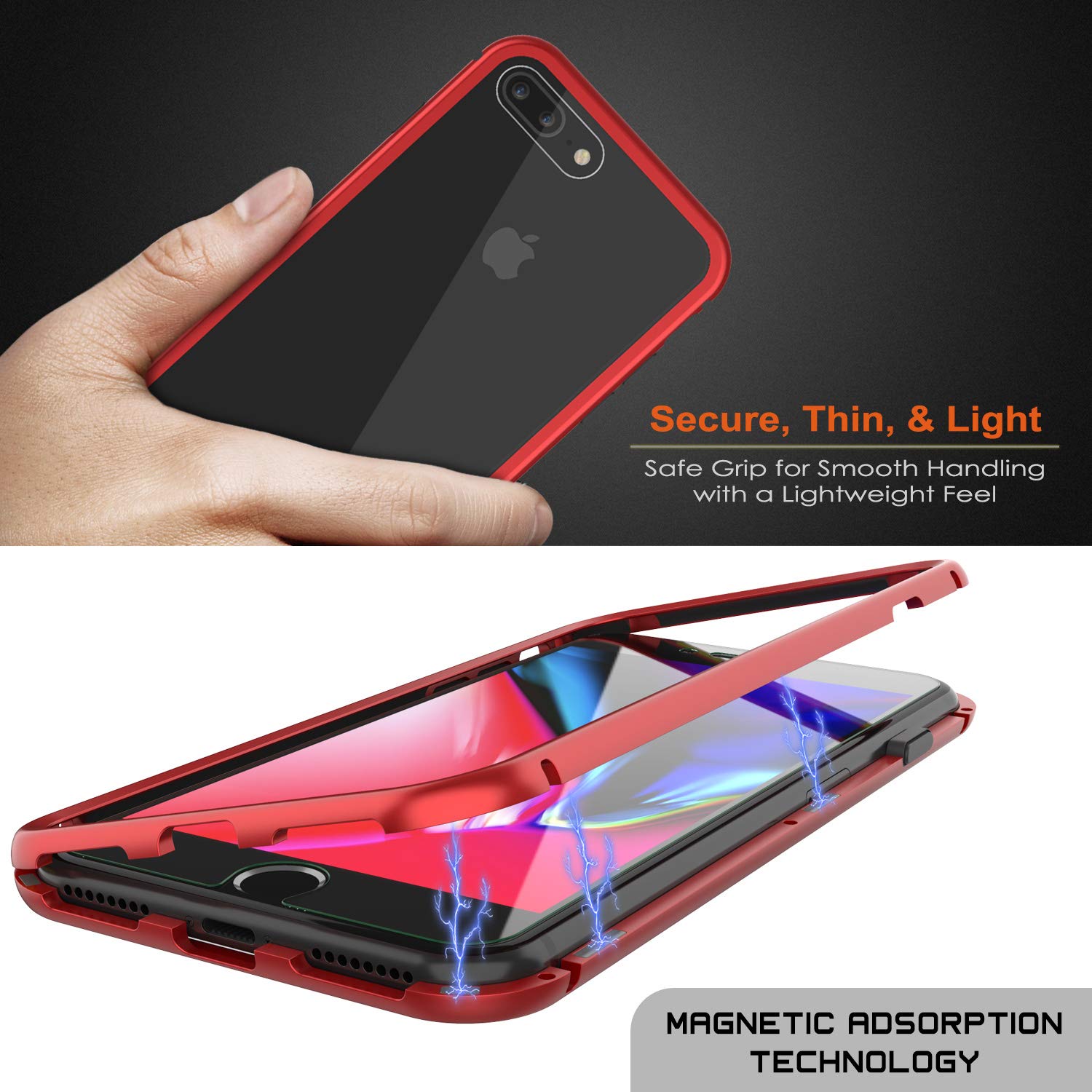 iPhone 8+ Plus Case, Punkcase Magnetic Shield Protective TPU Cover W/ Tempered Glass Screen Protector [Red]