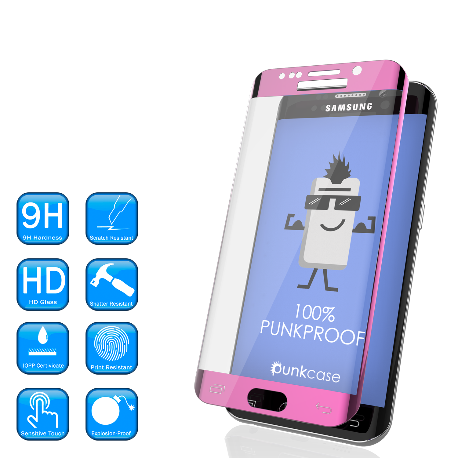 Galaxy S6 Edge Pink Tempered Glass Screen Protector, PUNKSHIELD 0.33mm Thick 9H Glass