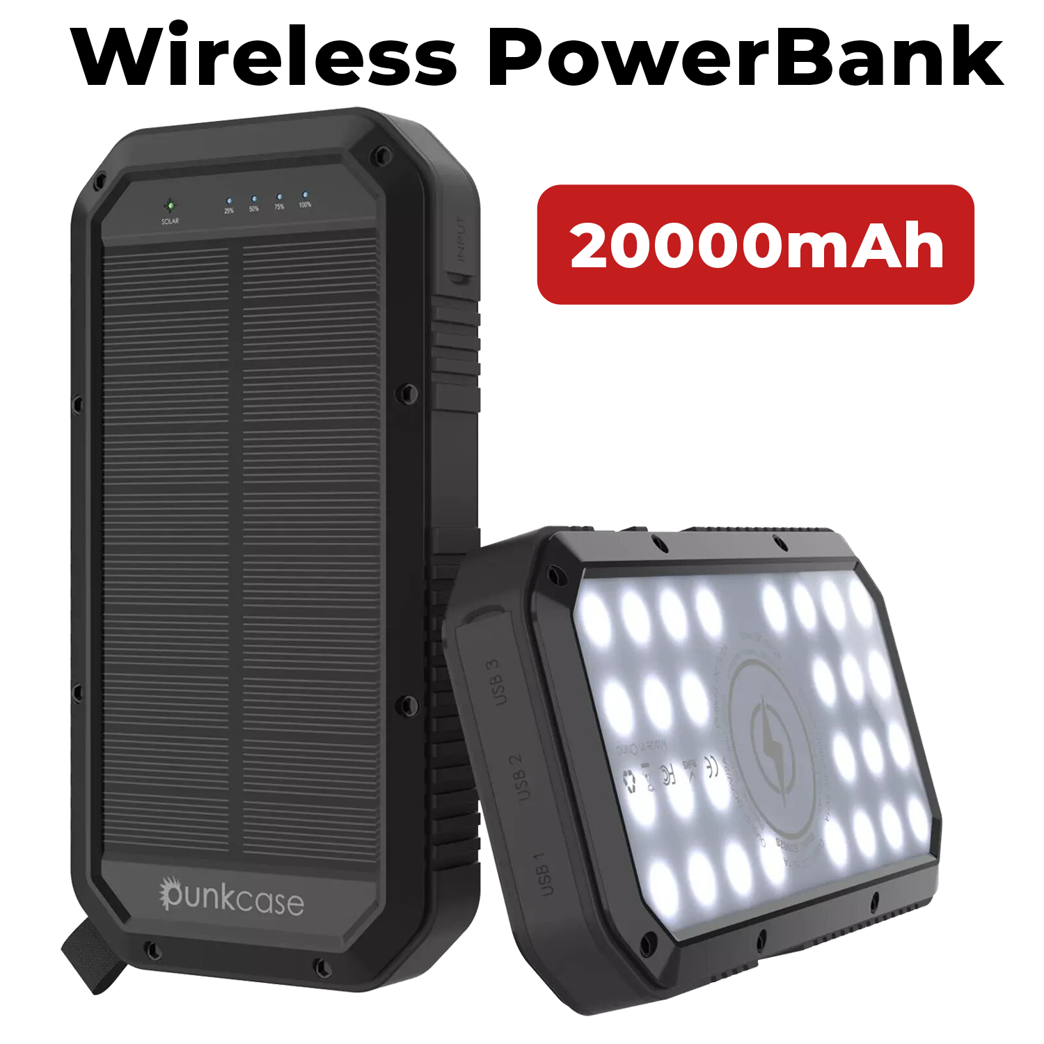 PunkCase Solar Wireless PowerBank 20000 mAh Battery Pack for Samsung & iPhone (Fold/Flip/S24/23/22/21/20) & 15/14/13/12/11/X & all Wireless Supported + iPad's [Black]