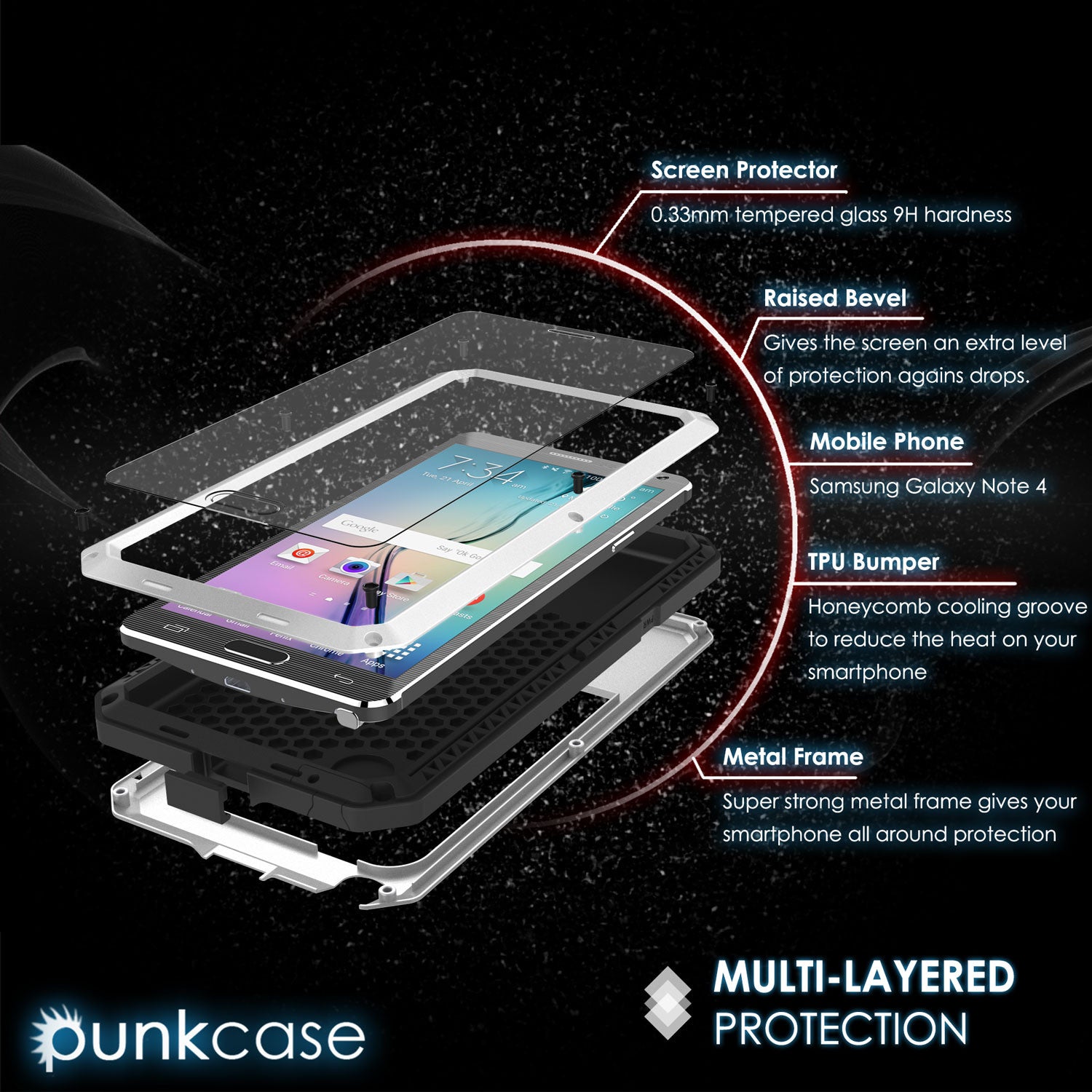 Note 4 Case, Punkcase® METALLIC Series SILVER w/ TEMPERED GLASS | Aluminum Frame