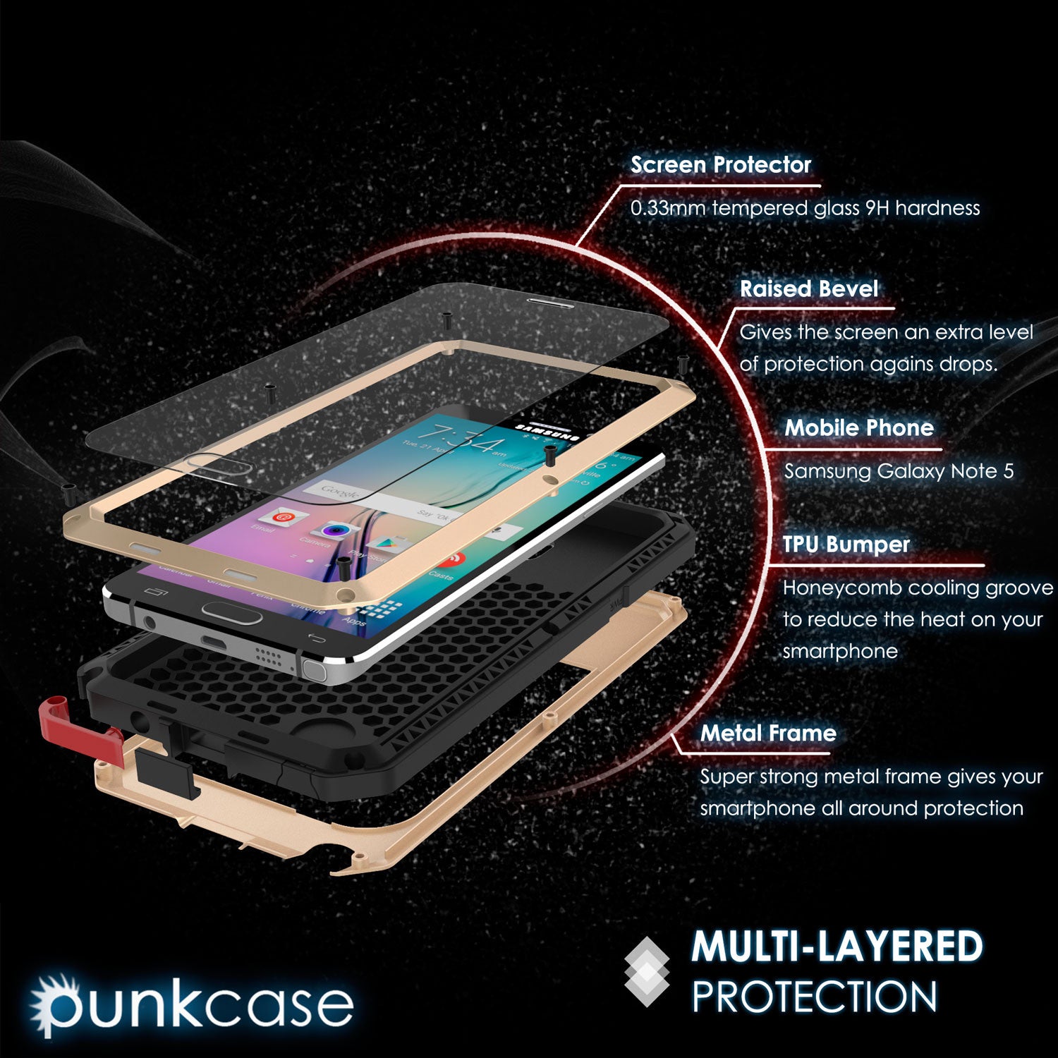 Note 5 Case, Punkcase® METALLIC Series GOLD w/ TEMPERED GLASS | Aluminum Frame