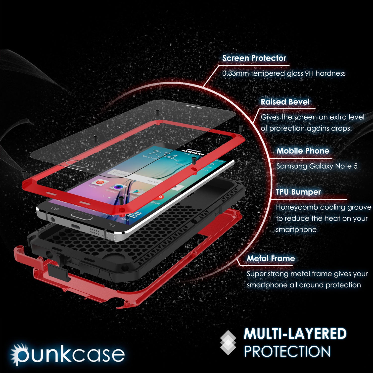 Note 5 Case, Punkcase® METALLIC Series RED w/ TEMPERED GLASS | Aluminum Frame