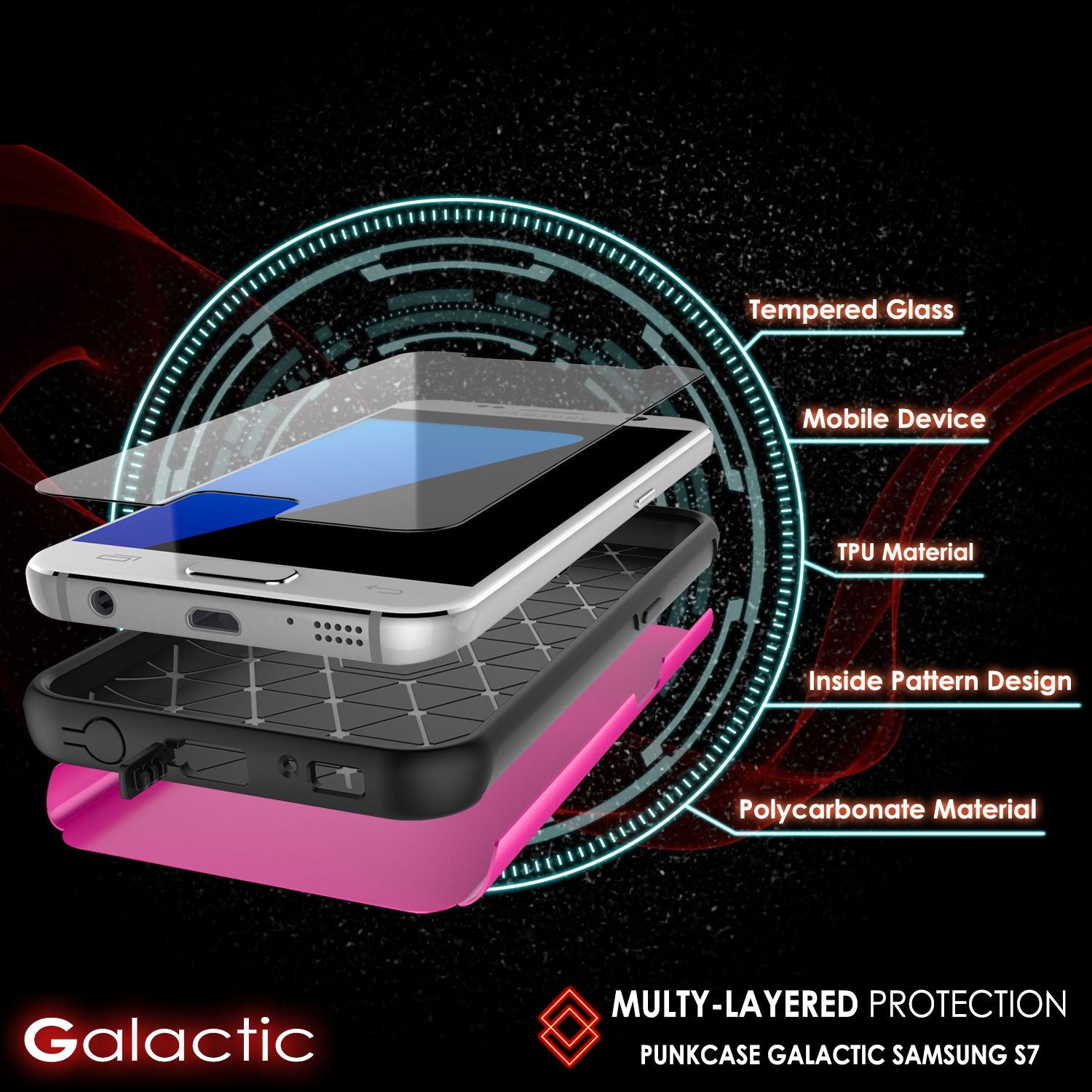 Galaxy s7 Case PunkCase Galactic Pink Series Slim Protective Armor Soft Cover Case w/ Tempered Glass