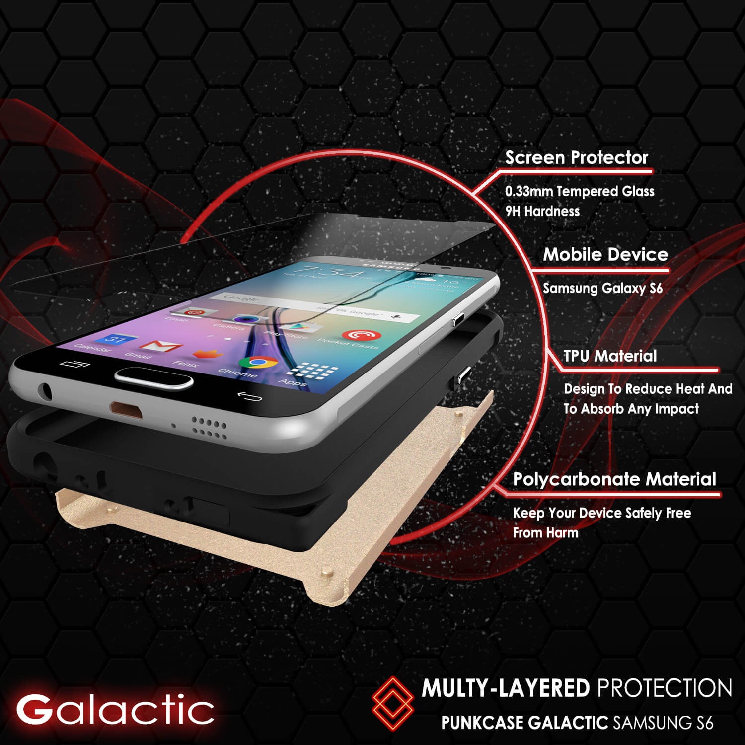 Galaxy s6 Case PunkCase Galactic Gold Series Slim Armor Soft Cover Case w/ Tempered Glass