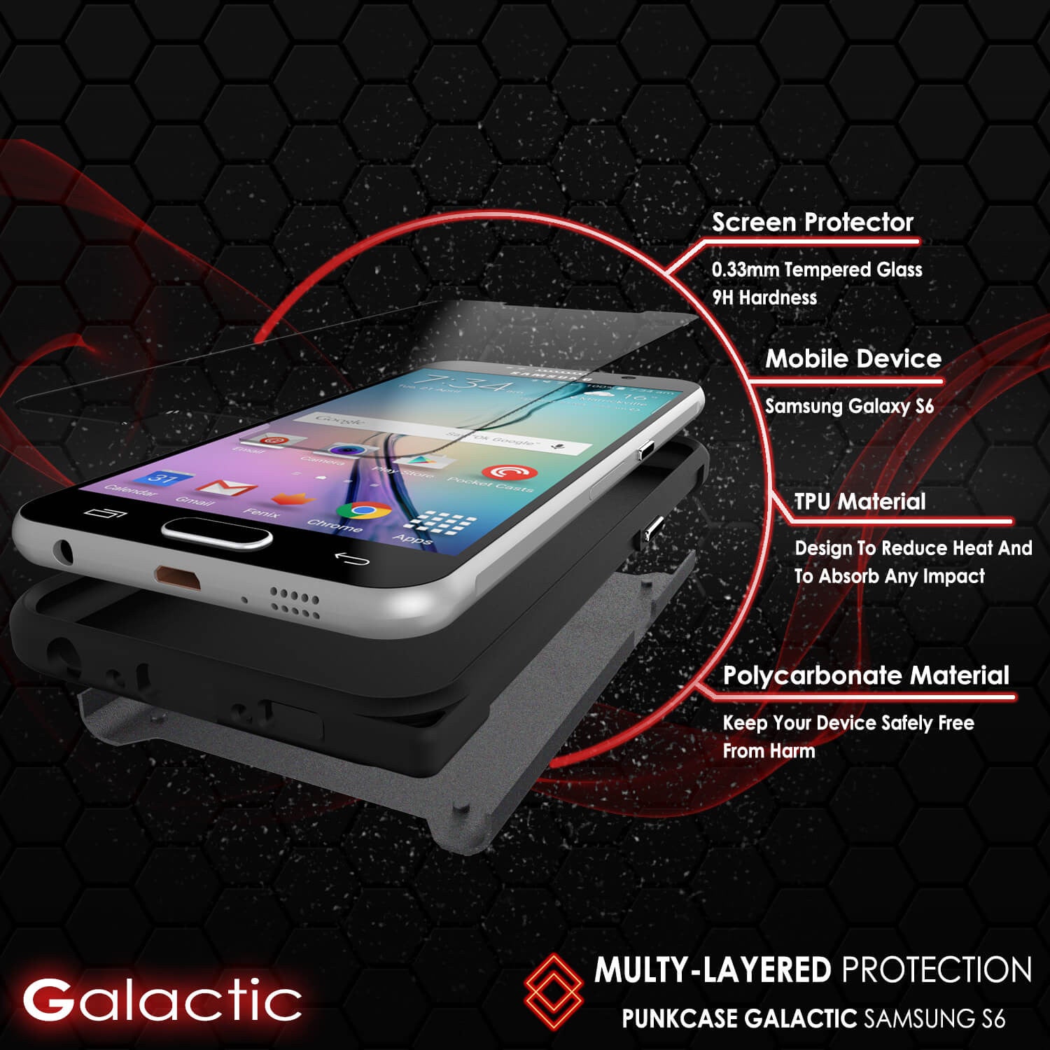 Galaxy s6 Case PunkCase Galactic Black Series Slim Armor Soft Cover Case w/ Tempered Glass