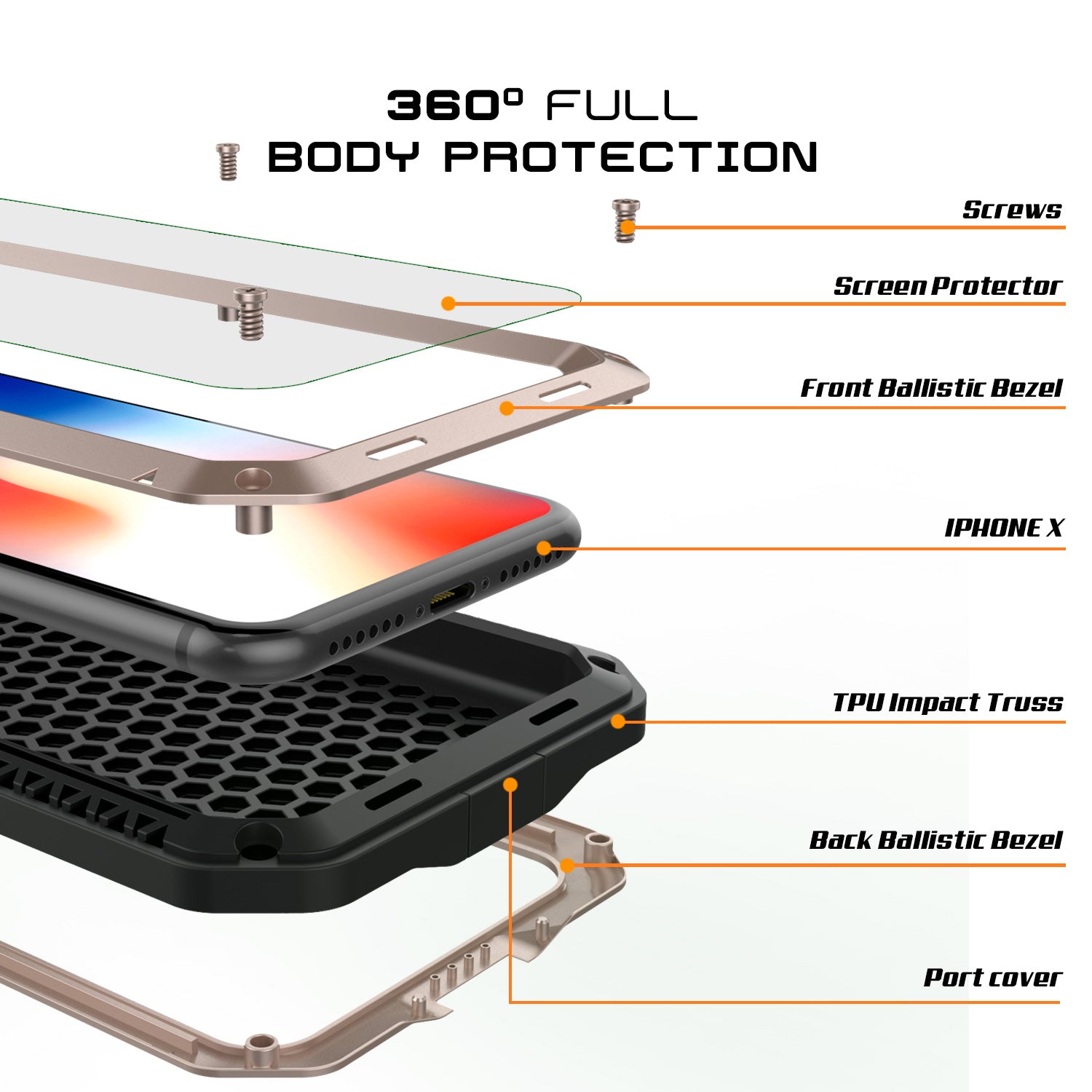 iPhone X Metal Case, Heavy Duty Military Grade Rugged Gold Armor Cover [shock proof] Hybrid Full Body Hard Aluminum & TPU Design