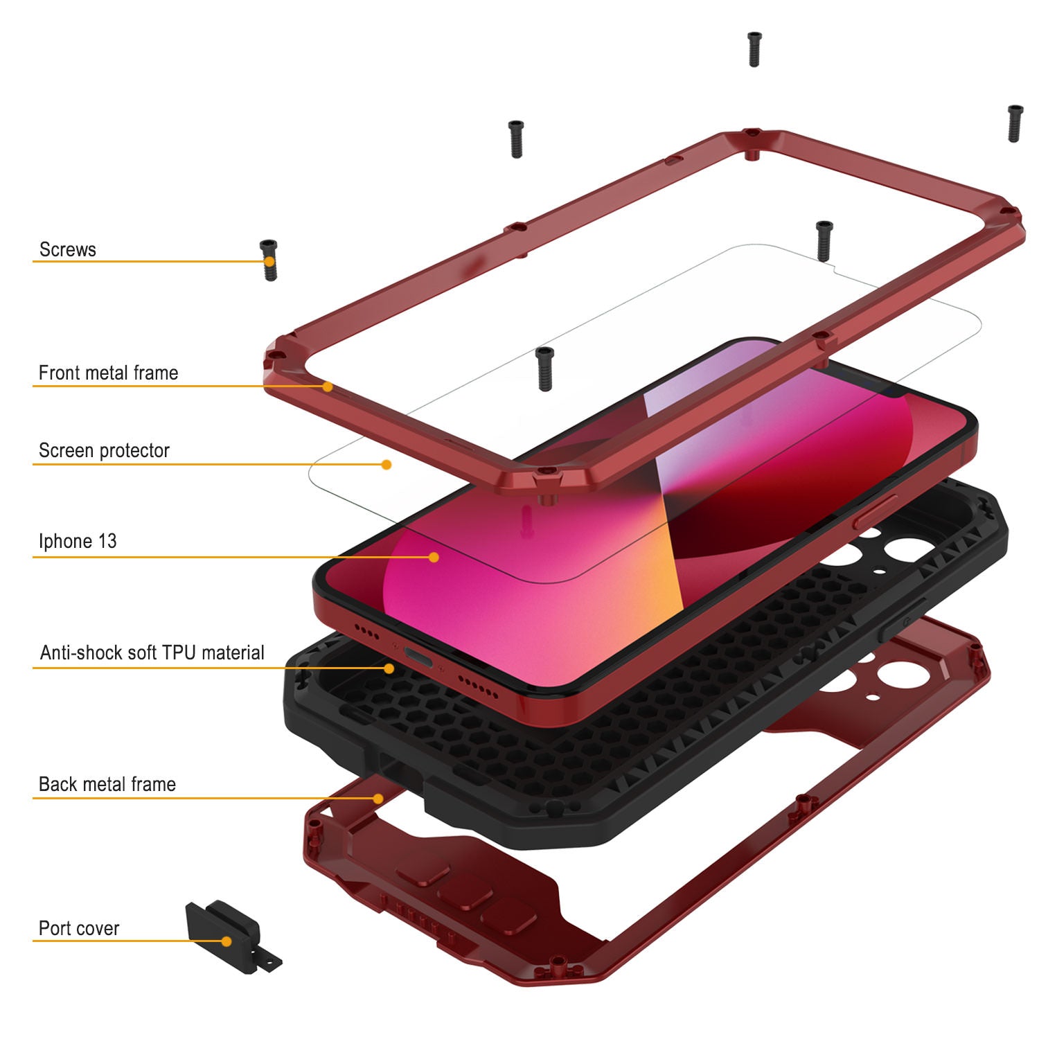 iPhone 13 Metal 2.0 Case, Heavy Duty Military Grade Armor Cover [shock proof] Full Body Hard [Red]