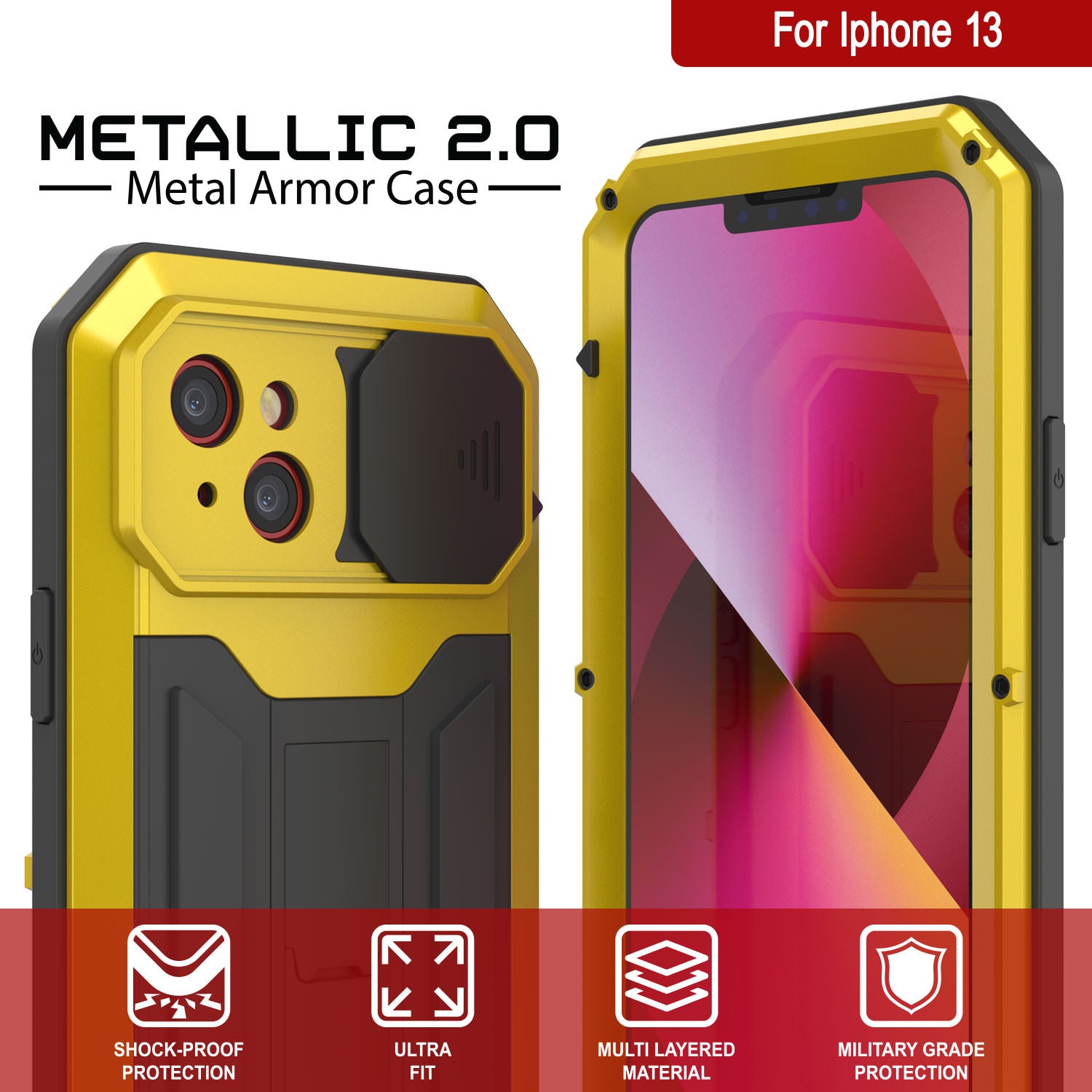 iPhone 13 Metal 2.0 Case, Heavy Duty Military Grade Armor Cover [shock proof] Full Body Hard [Neon]