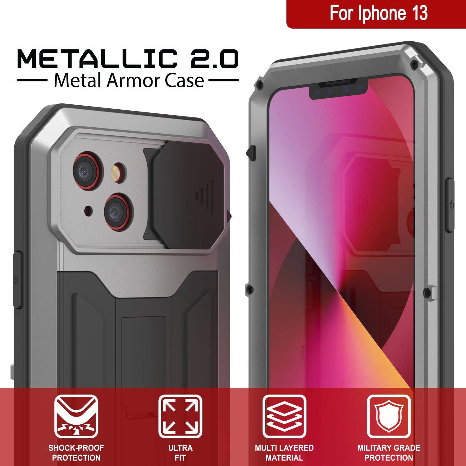 iPhone 13 Metal 2.0 Case, Heavy Duty Military Grade Armor Cover [shock proof] Full Body Hard [Silver]