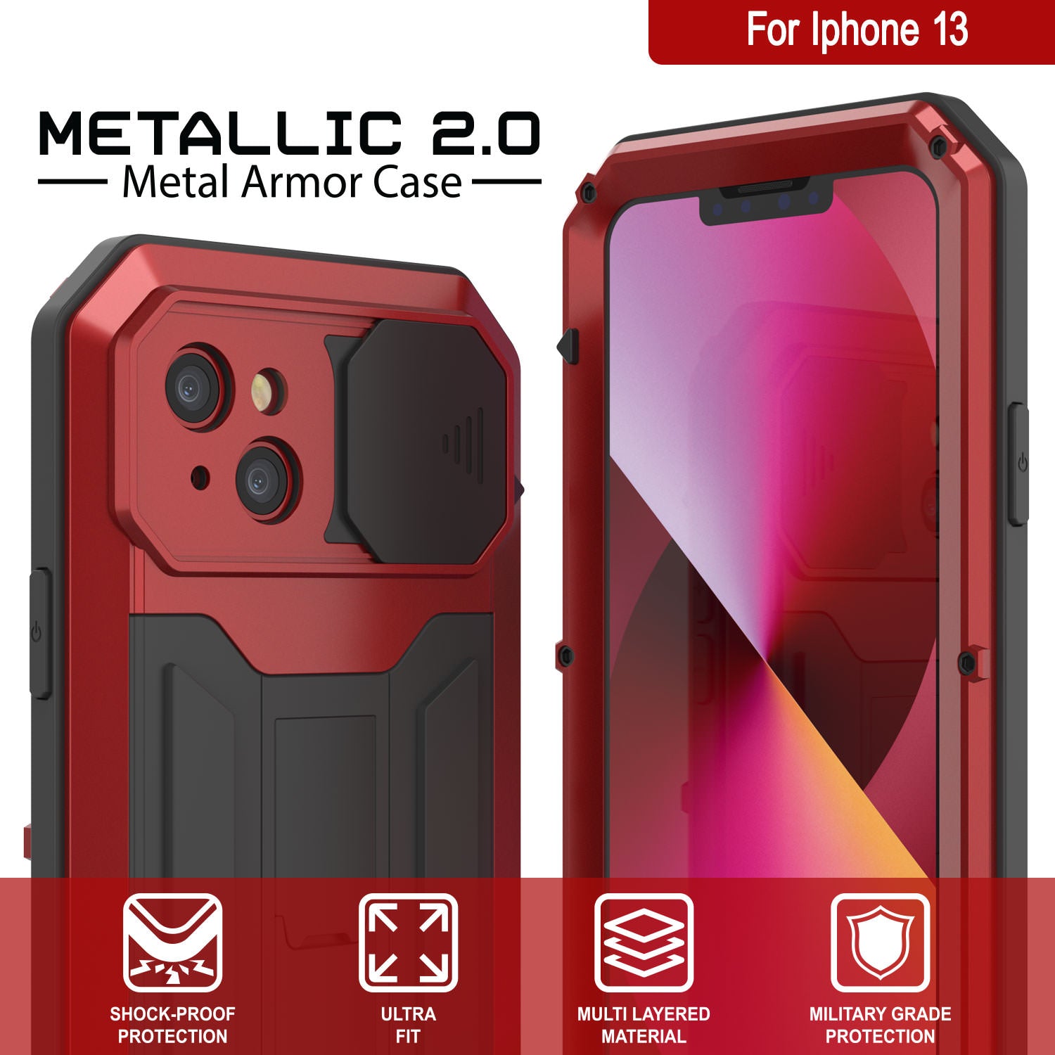 iPhone 13 Metal 2.0 Case, Heavy Duty Military Grade Armor Cover [shock proof] Full Body Hard [Red]