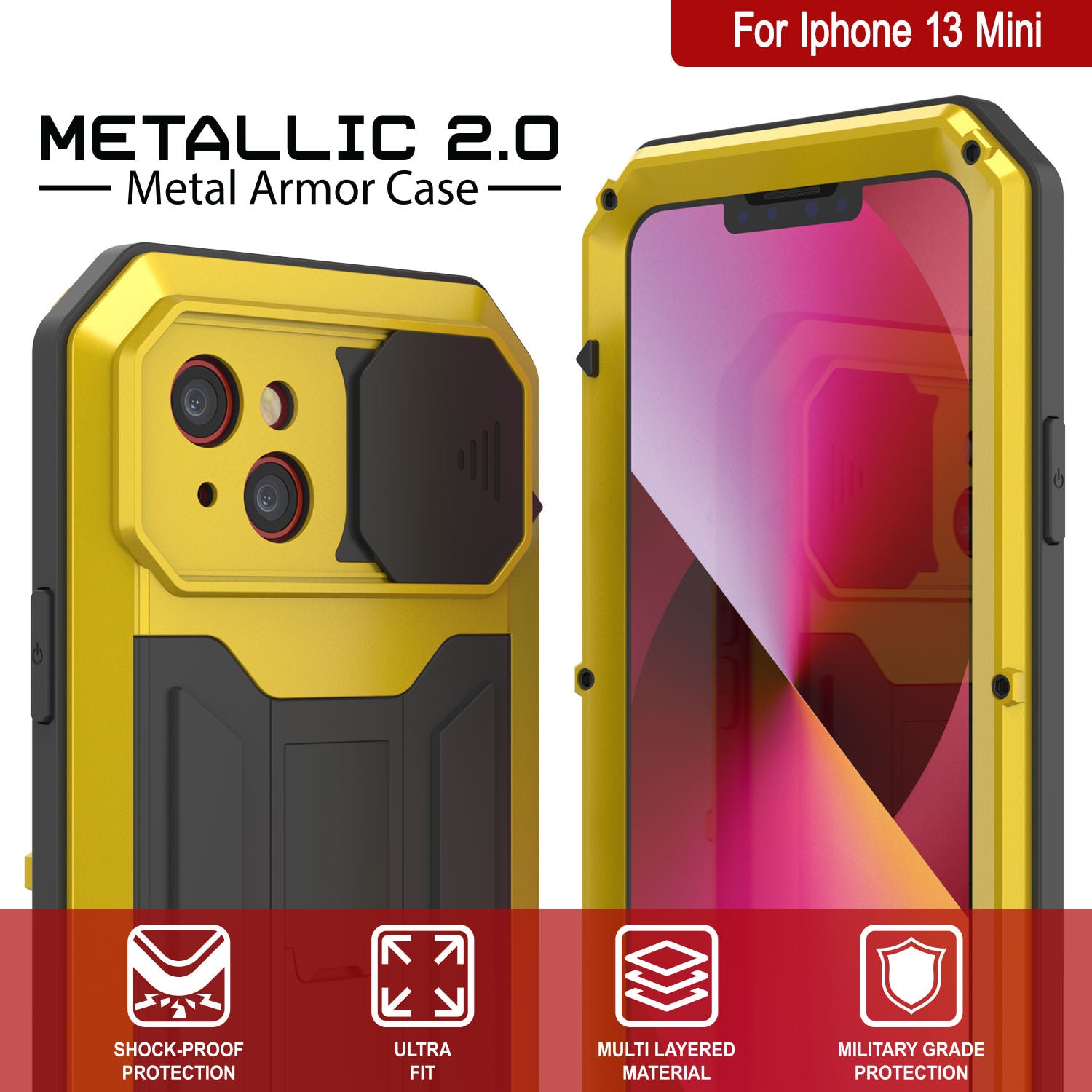 iPhone 13 Mini Metal 2.0 Case, Heavy Duty Military Grade Armor Cover [shock proof] Full Body Hard [Neon]