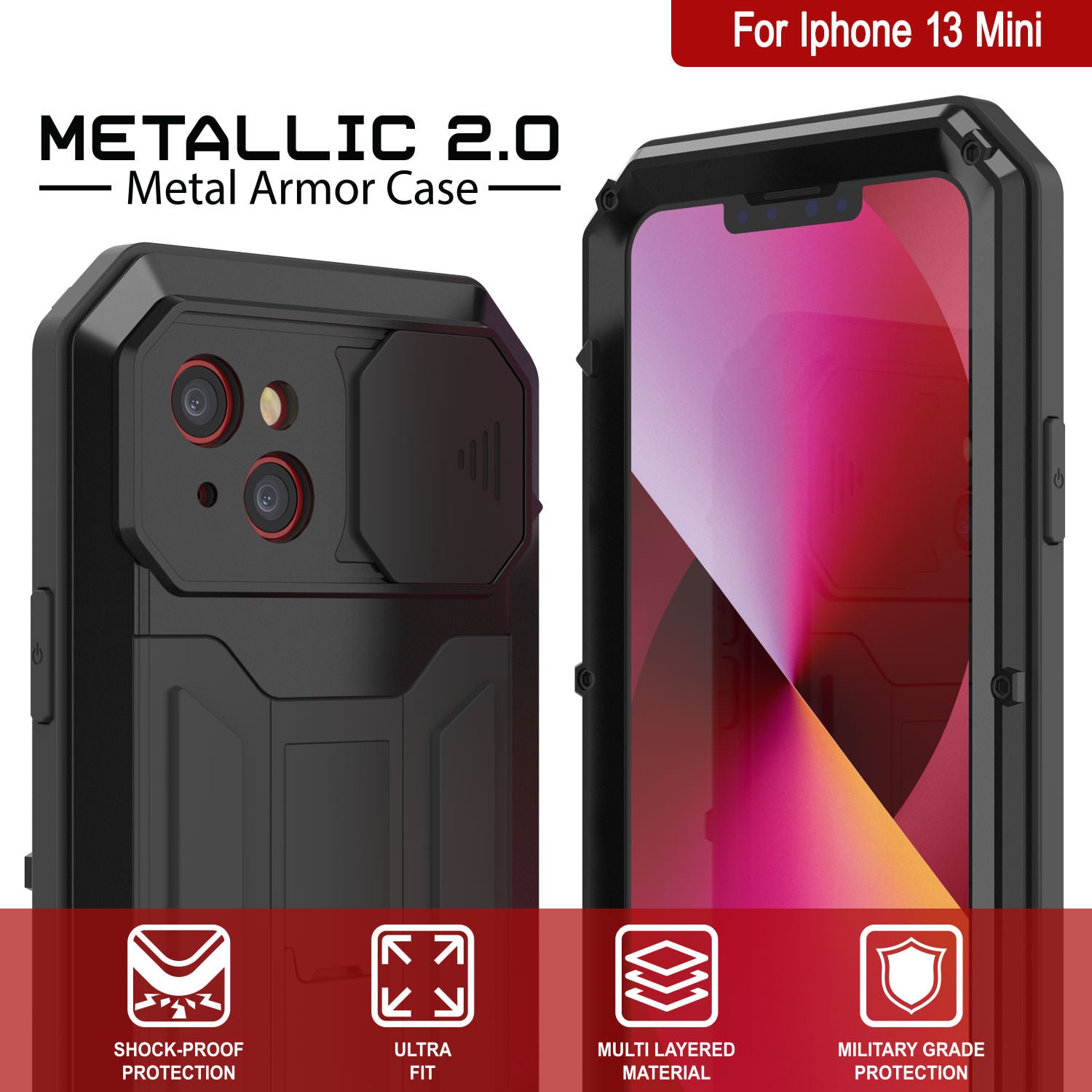 iPhone 13 Mini Metal 2.0 Case, Heavy Duty Military Grade Armor Cover [shock proof] Full Body Hard [Black]