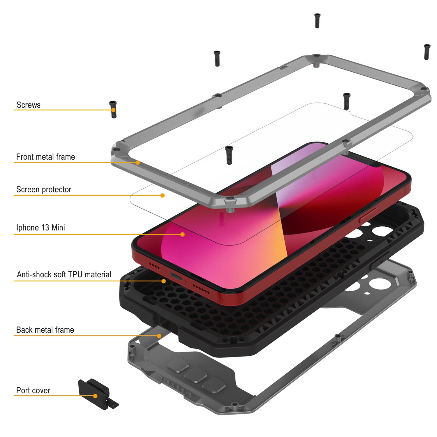 iPhone 13 Mini Metal 2.0 Case, Heavy Duty Military Grade Armor Cover [shock proof] Full Body Hard [Silver]