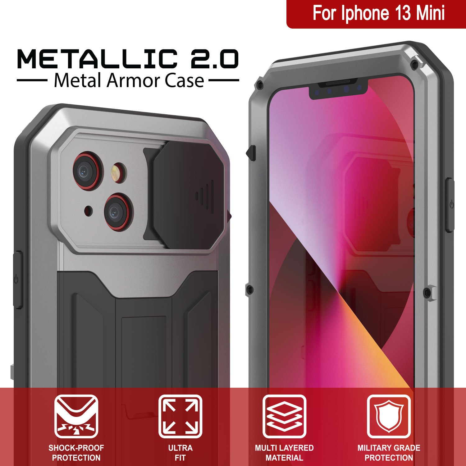 iPhone 13 Mini Metal 2.0 Case, Heavy Duty Military Grade Armor Cover [shock proof] Full Body Hard [Silver]
