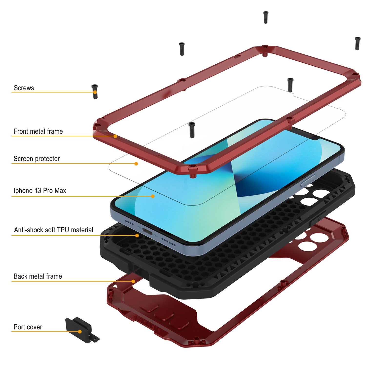 iPhone 13 Pro Max Metal 2.0 Case, Heavy Duty Military Grade Armor Cover [shock proof] Full Body Hard [Red]