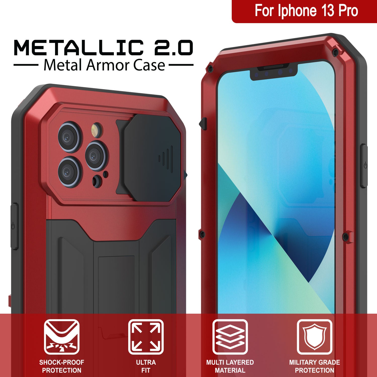 iPhone 13 Pro Max Metal 2.0 Case, Heavy Duty Military Grade Armor Cover [shock proof] Full Body Hard [Red]