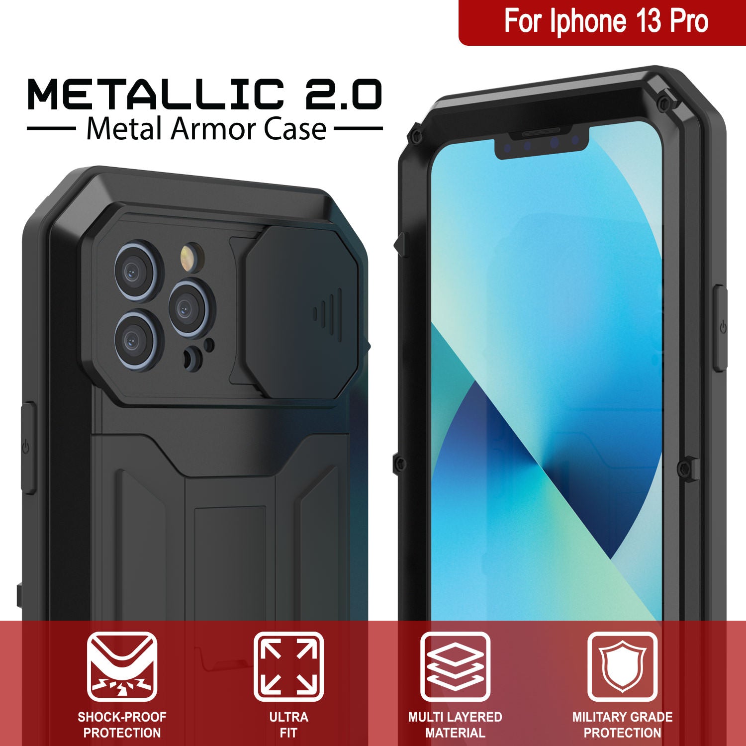 iPhone 13 Pro Metal 2.0 Case, Heavy Duty Military Grade Armor Cover [shock proof] Full Body Hard [Black]
