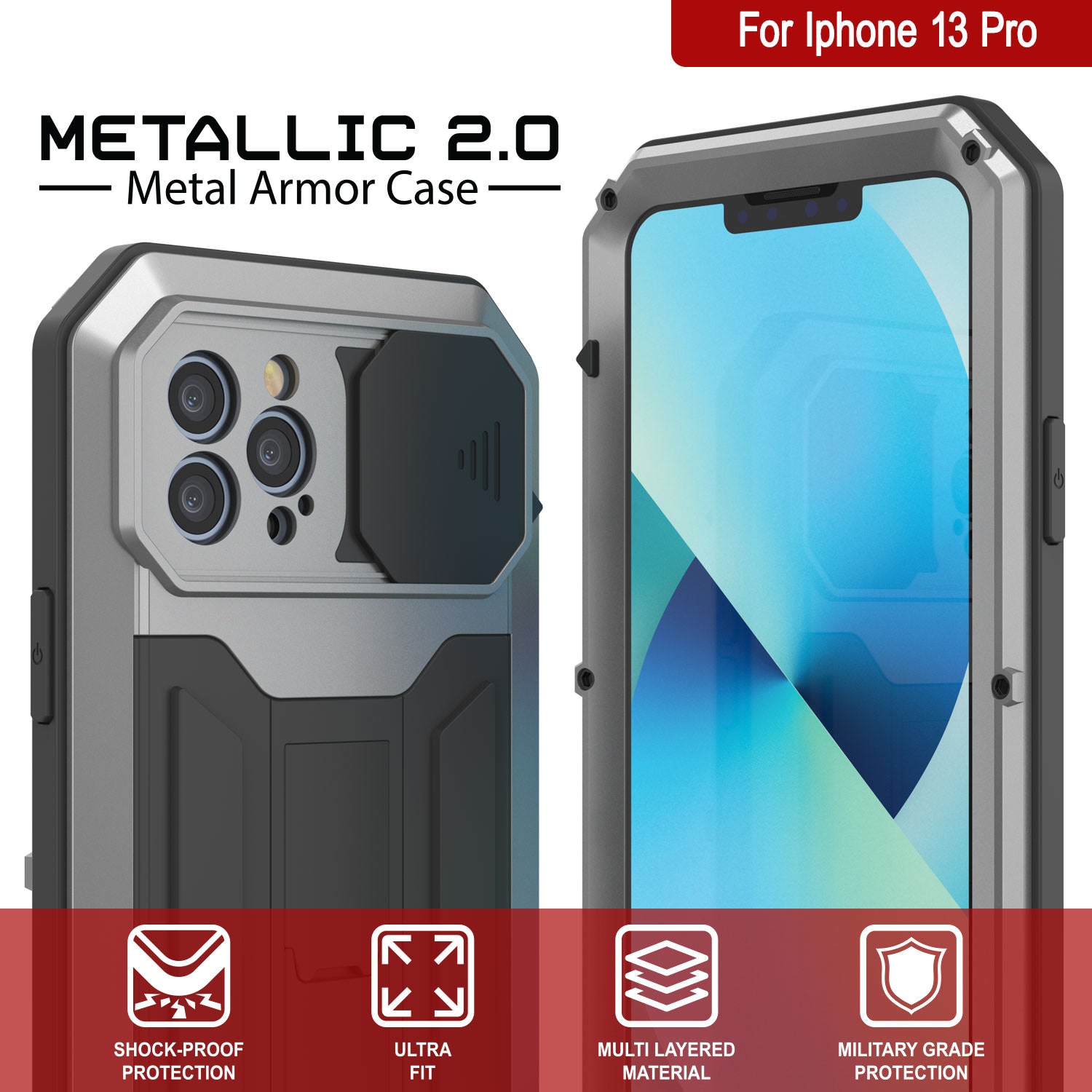 iPhone 13 Pro Metal 2.0 Case, Heavy Duty Military Grade Armor Cover [shock proof] Full Body Hard [Silver]