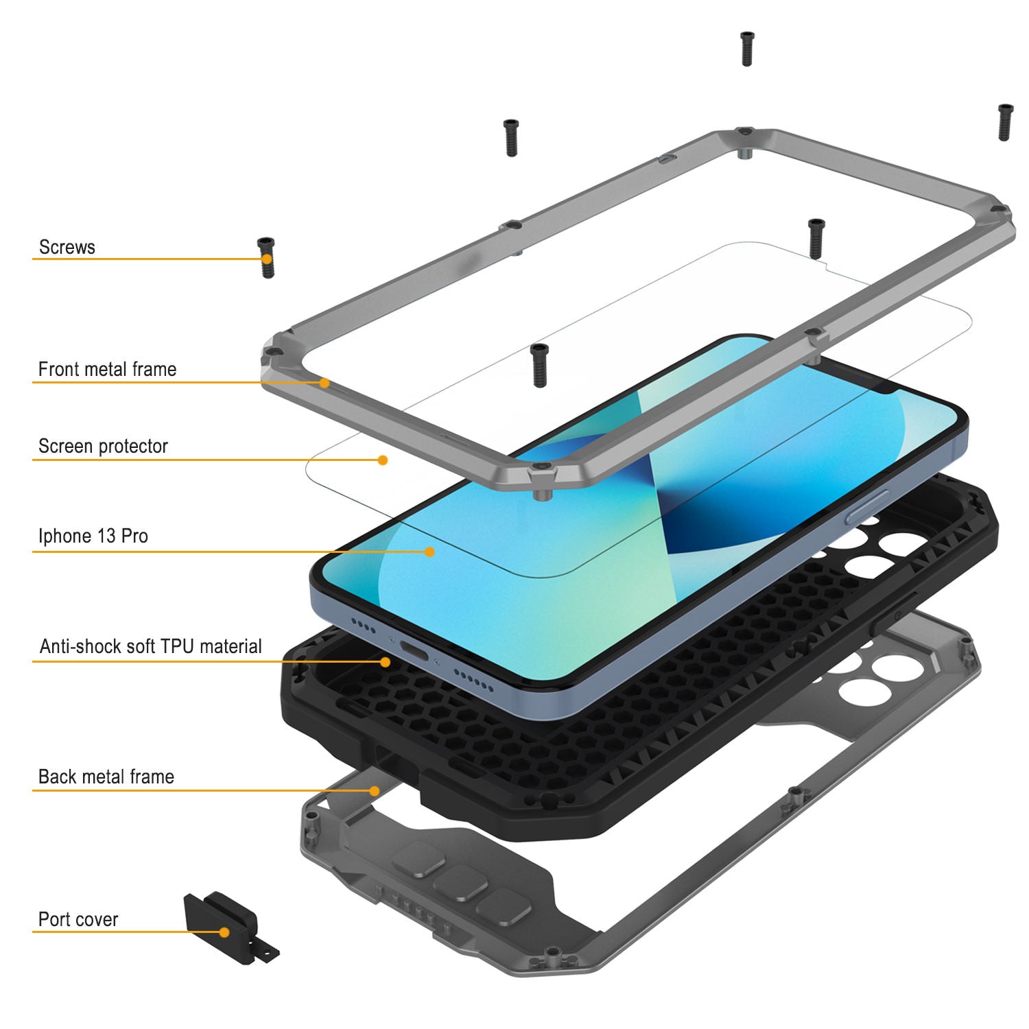 iPhone 13 Pro Metal 2.0 Case, Heavy Duty Military Grade Armor Cover [shock proof] Full Body Hard [Silver]