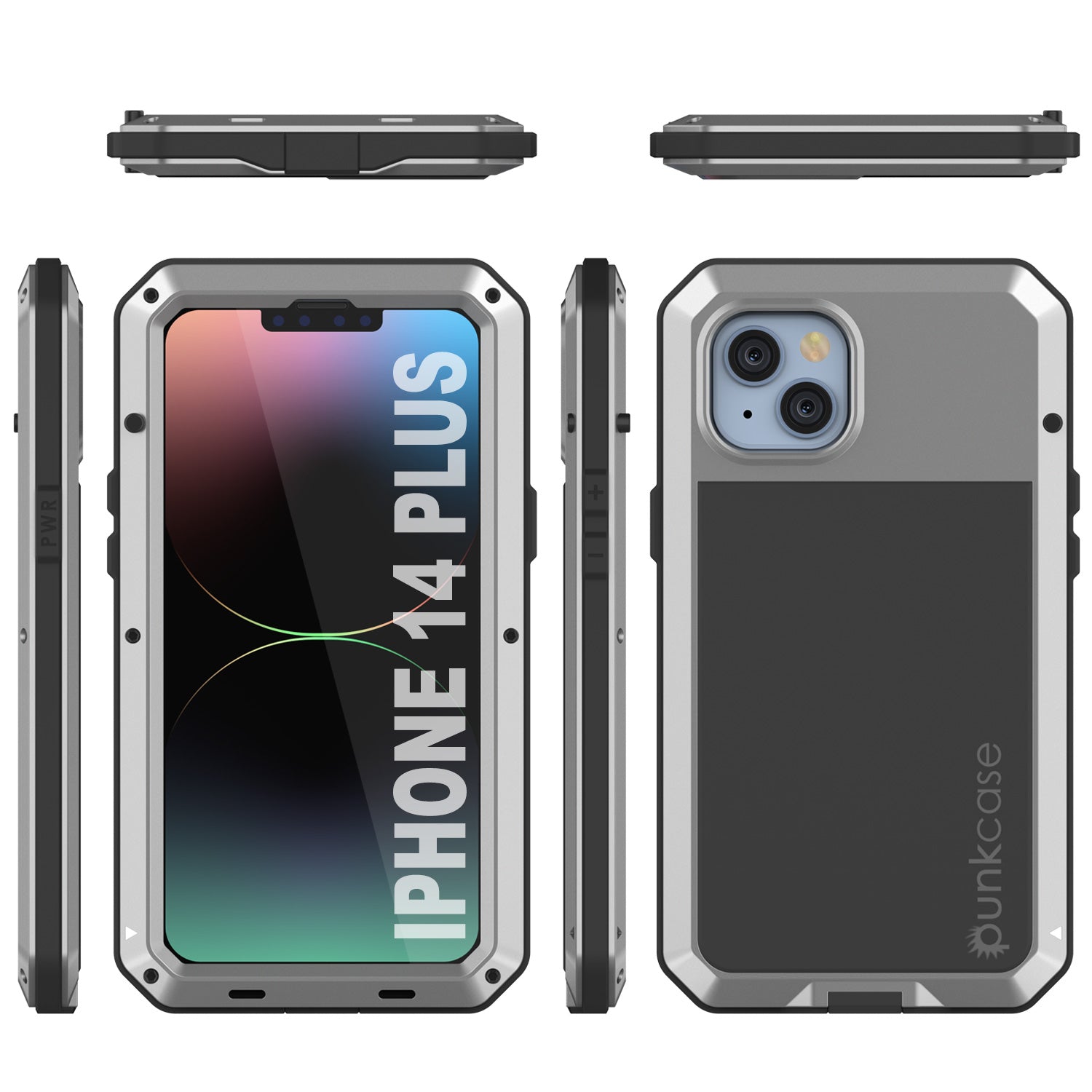iPhone 14 Plus Metal Case, Heavy Duty Military Grade Armor Cover [shock proof] Full Body Hard [Silver]