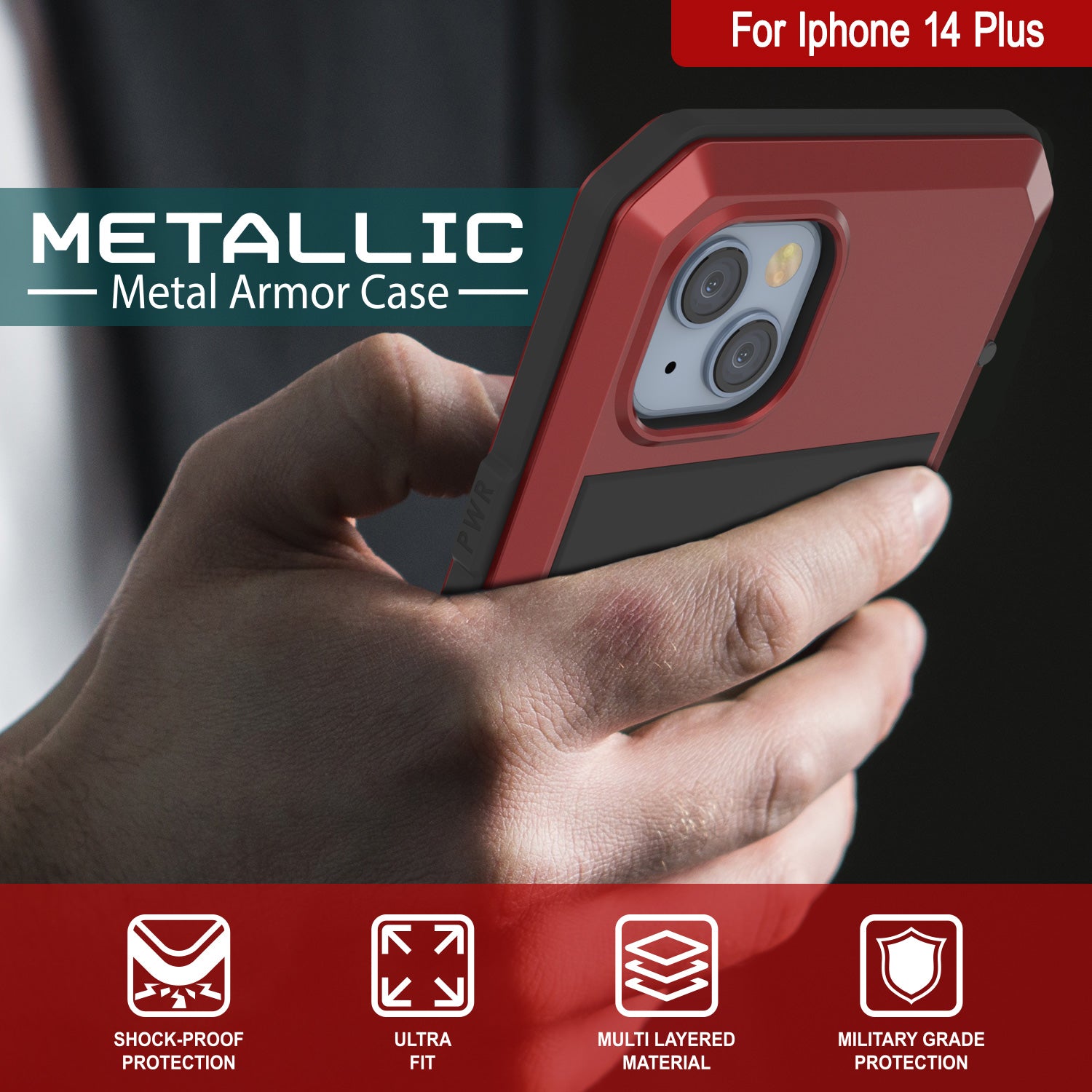 iPhone 14 Plus Metal Case, Heavy Duty Military Grade Armor Cover [shock proof] Full Body Hard [Red]
