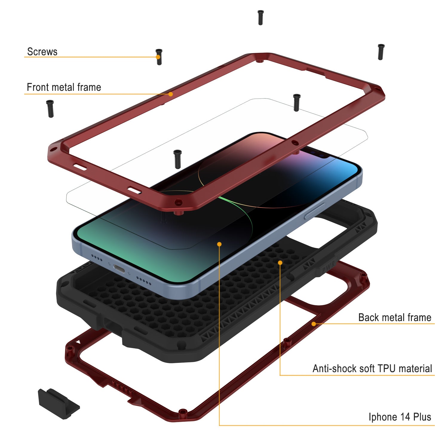 iPhone 14 Plus Metal Case, Heavy Duty Military Grade Armor Cover [shock proof] Full Body Hard [Red]