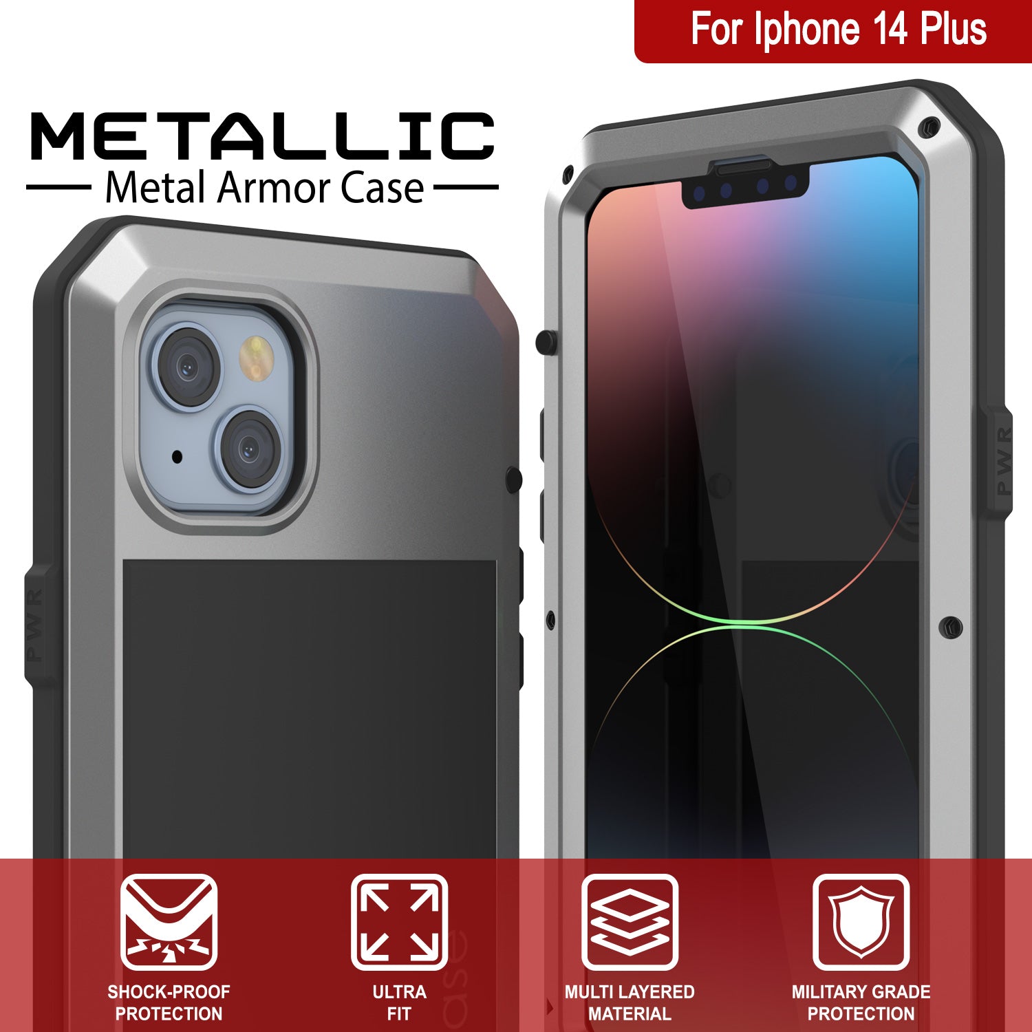 iPhone 14 Plus Metal Case, Heavy Duty Military Grade Armor Cover [shock proof] Full Body Hard [Silver]