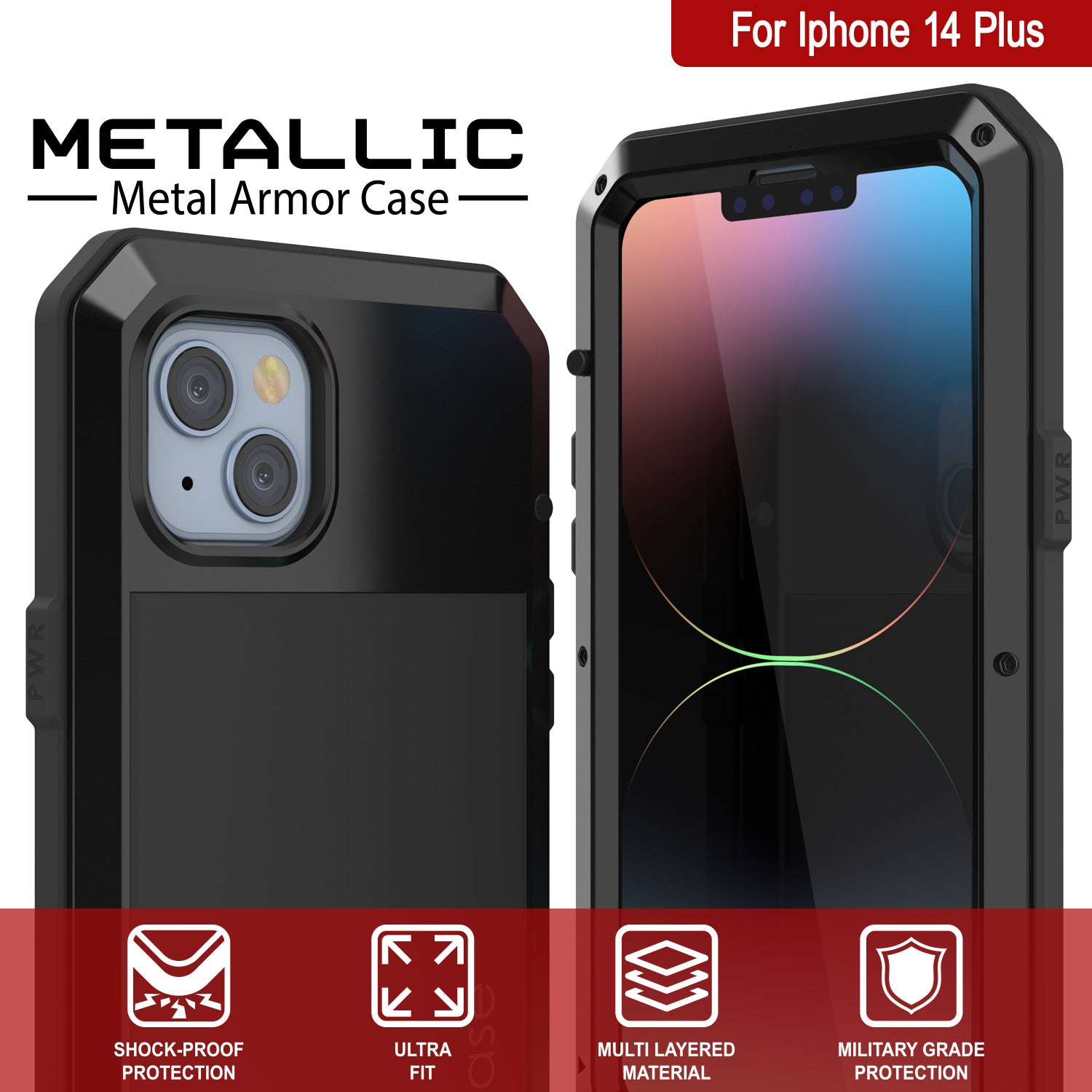 iPhone 14 Plus Metal Case, Heavy Duty Military Grade Armor Cover [shock proof] Full Body Hard [Black]