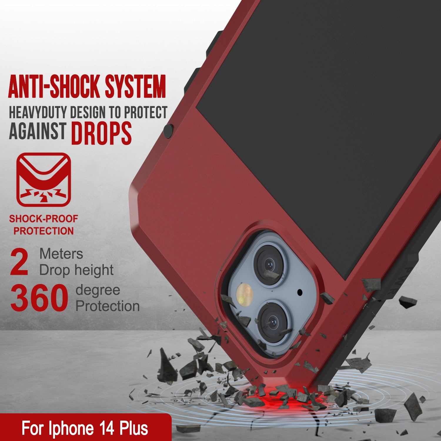 iPhone 14 Plus Metal Case, Heavy Duty Military Grade Armor Cover [shock proof] Full Body Hard [Red]