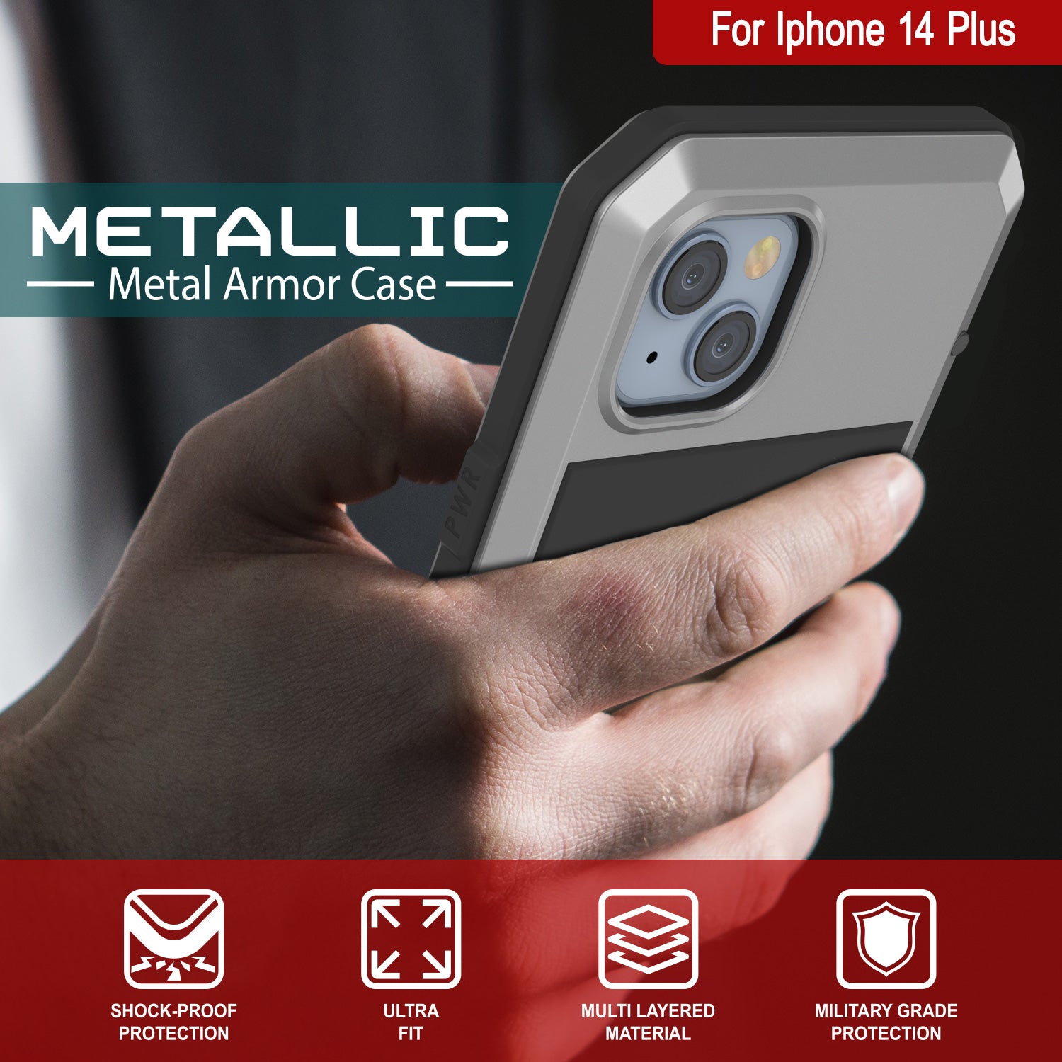 iPhone 14 Plus Metal Case, Heavy Duty Military Grade Armor Cover [shock proof] Full Body Hard [Silver]