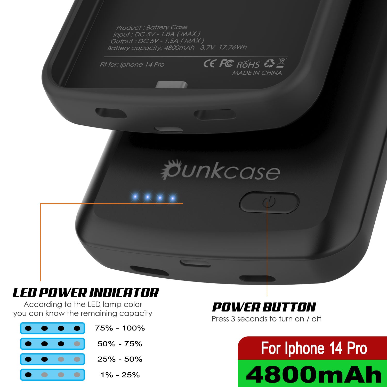 iPhone 14 Pro Battery Case, PunkJuice 4800mAH Fast Charging iPhone 14 Pro Battery Case, PunkJuice 4800mAH Fast Charging