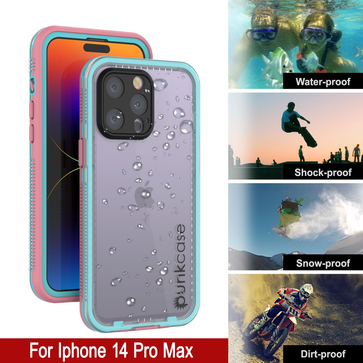 Punkcase iPhone 14 Pro Max Waterproof Case [Aqua Series] Armor Cover [Clear Pink] [Clear Back]