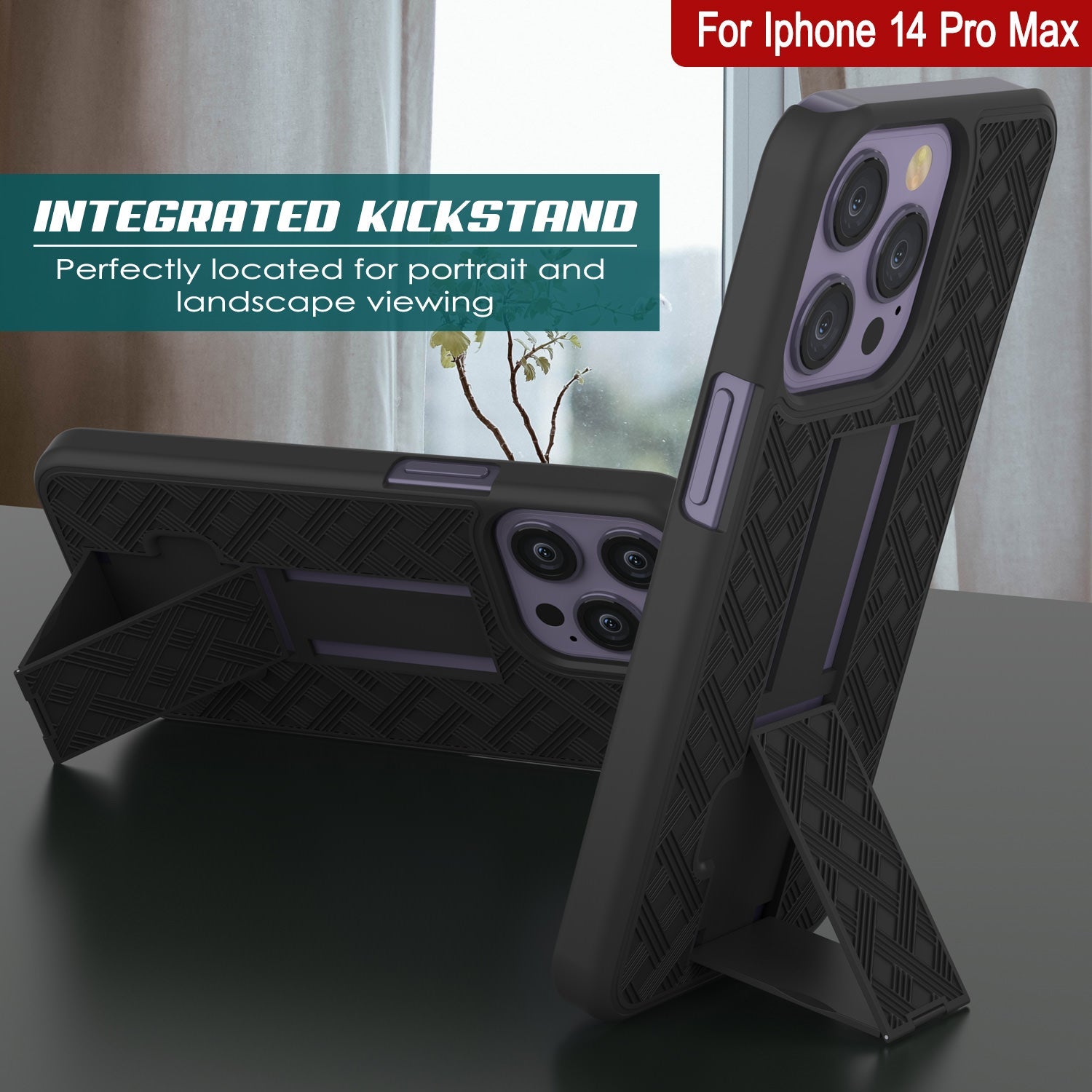 iPhone 15 Pro Max Case With Tempered Glass Screen Protector, Holster Belt Clip & Built-In Kickstand [Orange]