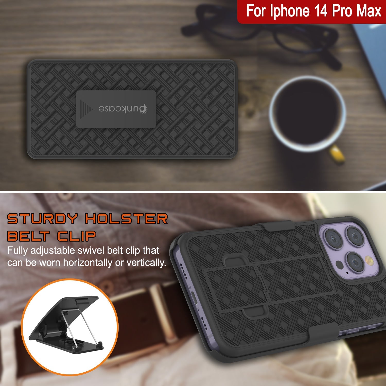 iPhone 15 Pro Max Case With Tempered Glass Screen Protector, Holster Belt Clip & Built-In Kickstand [Orange]