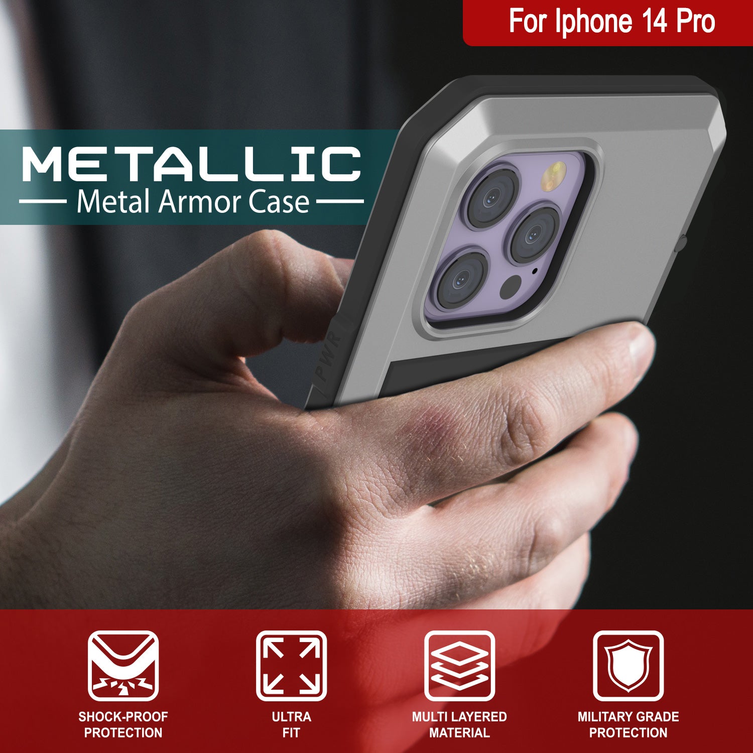 iPhone 14 Pro Metal Case, Heavy Duty Military Grade Armor Cover [shock proof] Full Body Hard [Silver]