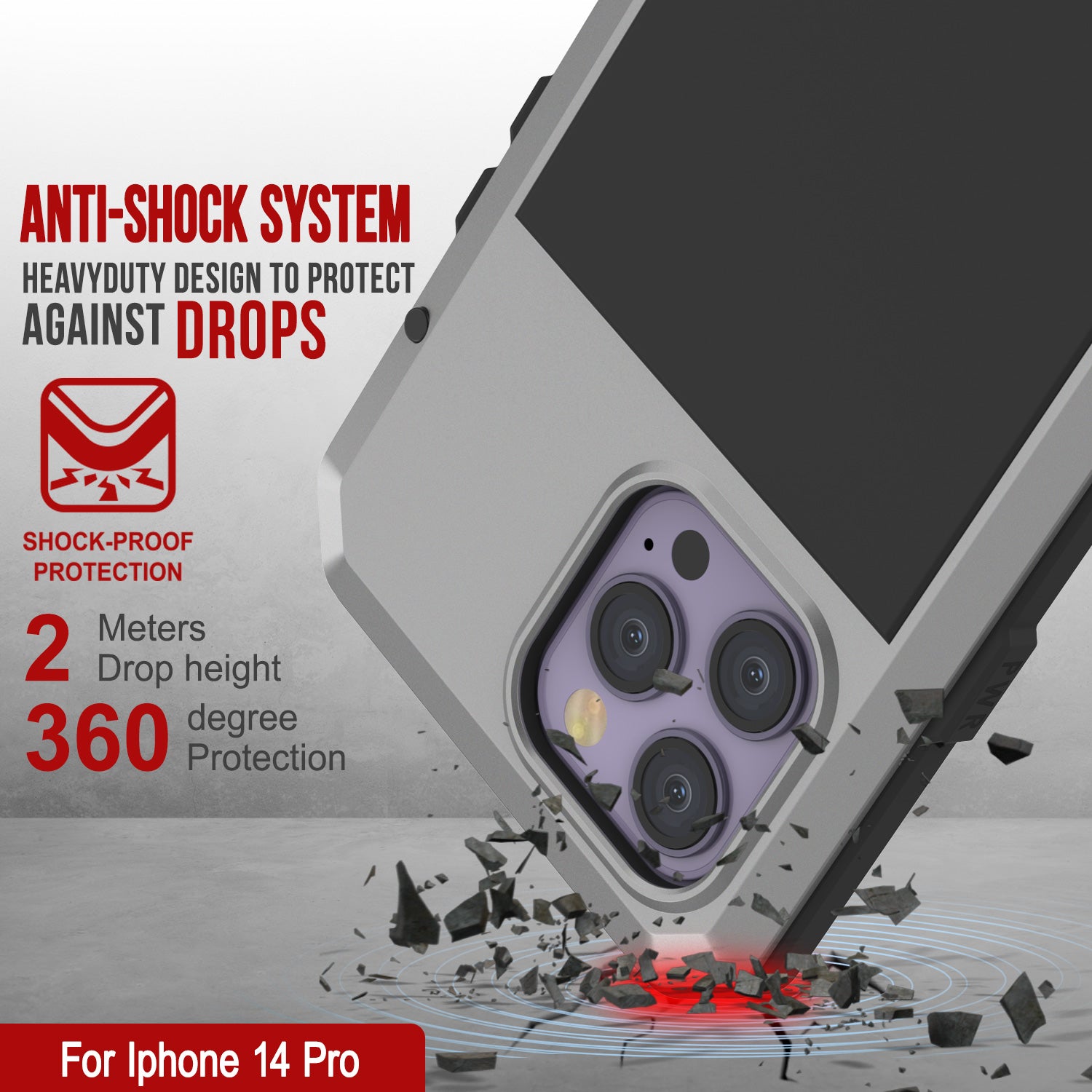 iPhone 14 Pro Metal Case, Heavy Duty Military Grade Armor Cover [shock proof] Full Body Hard [Silver]