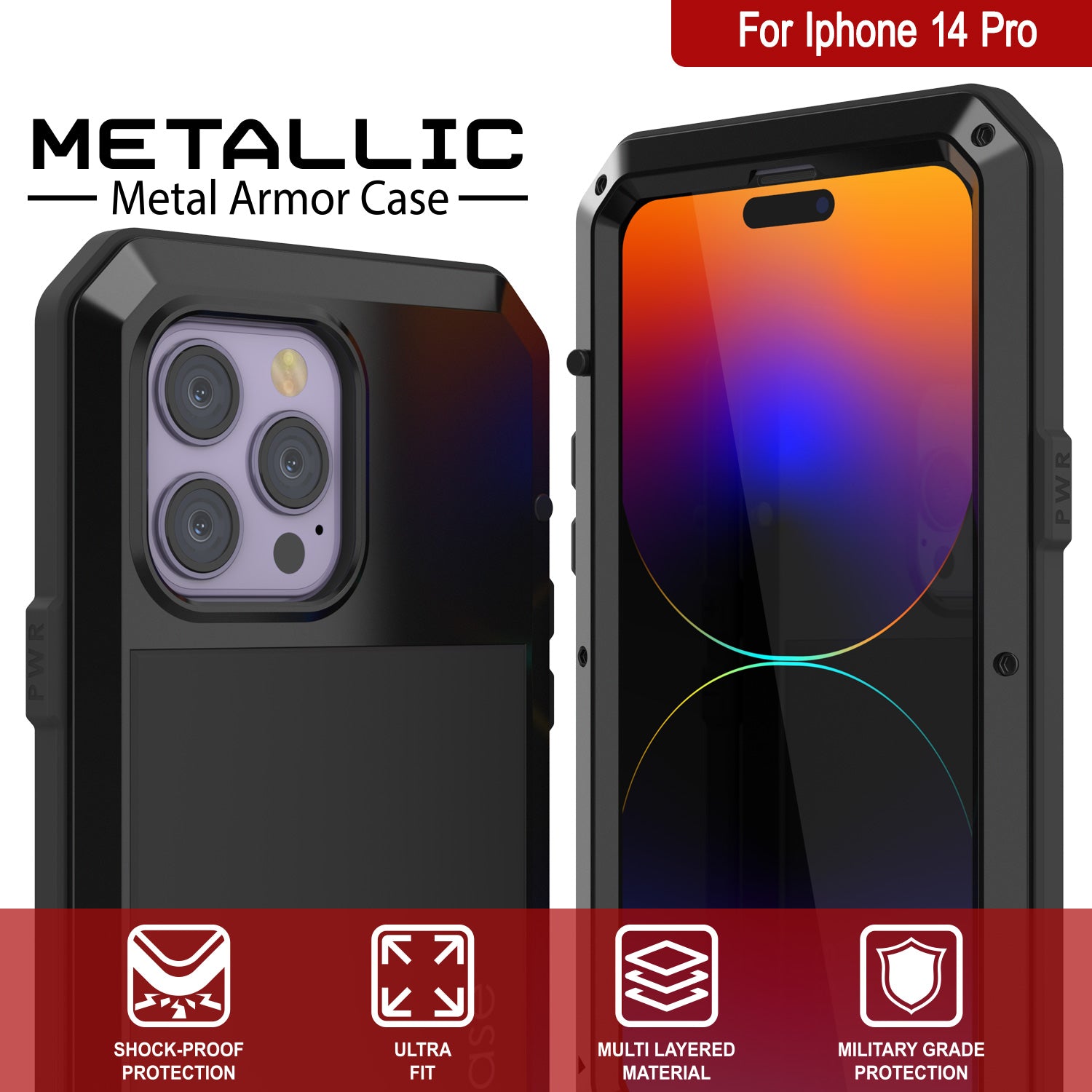 iPhone 14 Pro Metal Case, Heavy Duty Military Grade Armor Cover [shock proof] Full Body Hard [Black]