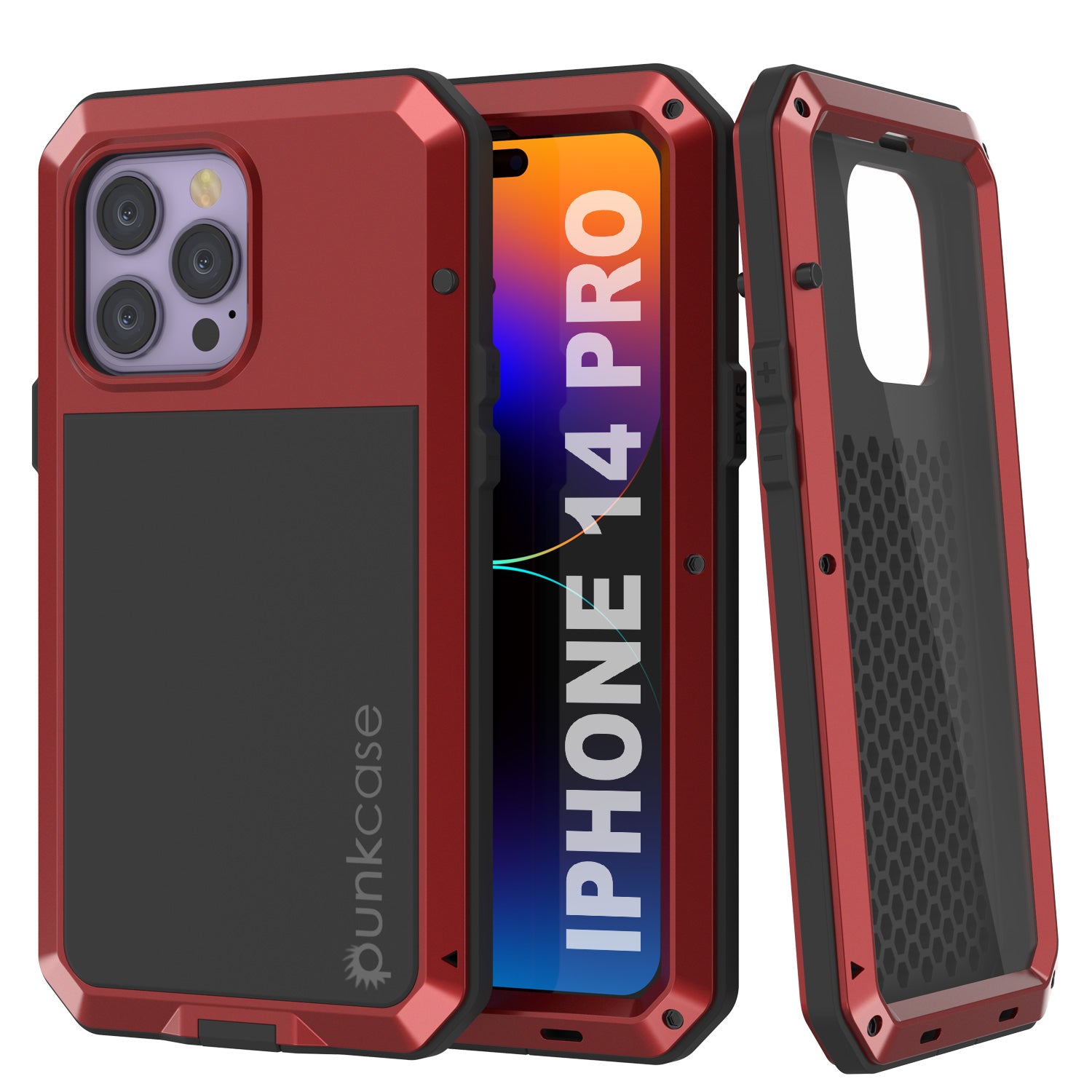 iPhone 14 Pro Metal Case, Heavy Duty Military Grade Armor Cover [shock proof] Full Body Hard [Red]