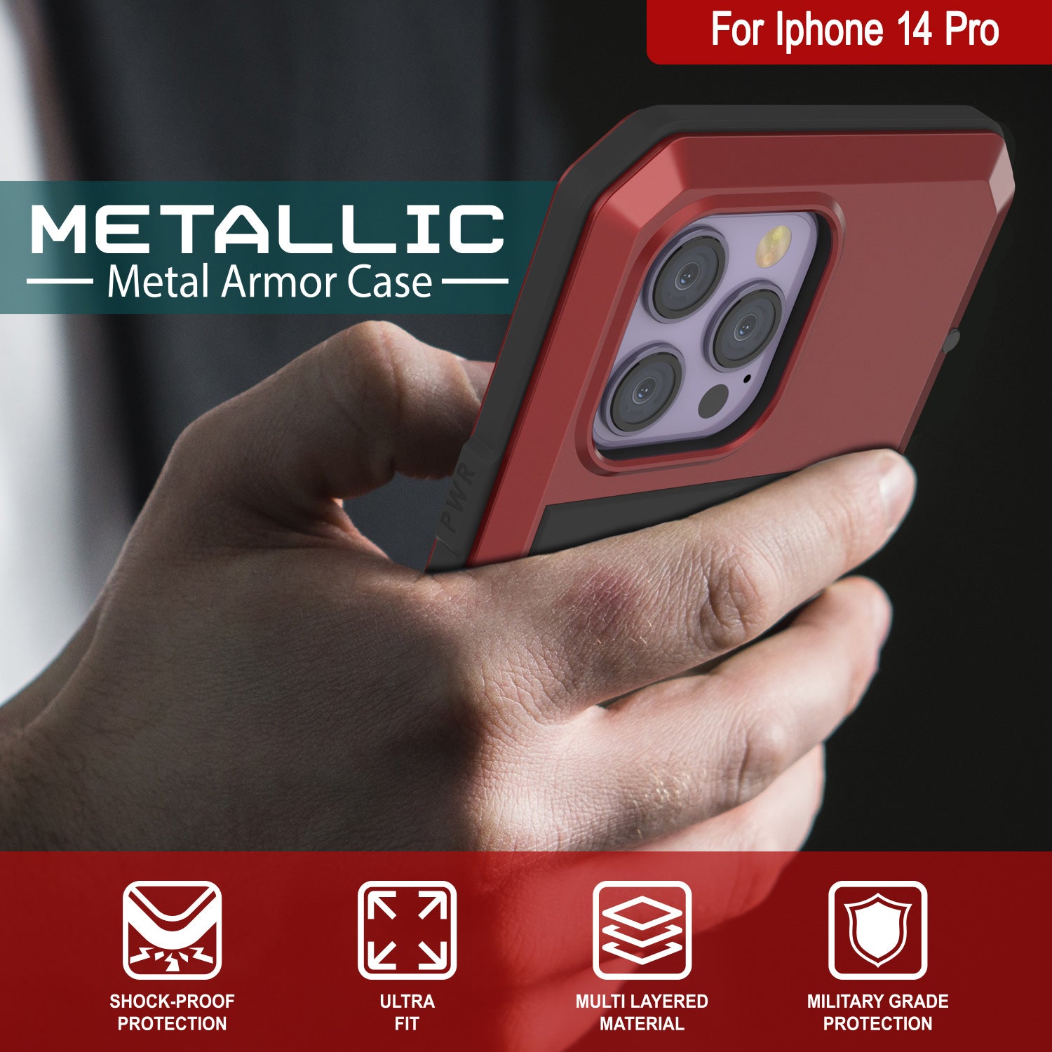 iPhone 14 Pro Metal Case, Heavy Duty Military Grade Armor Cover [shock proof] Full Body Hard [Red]