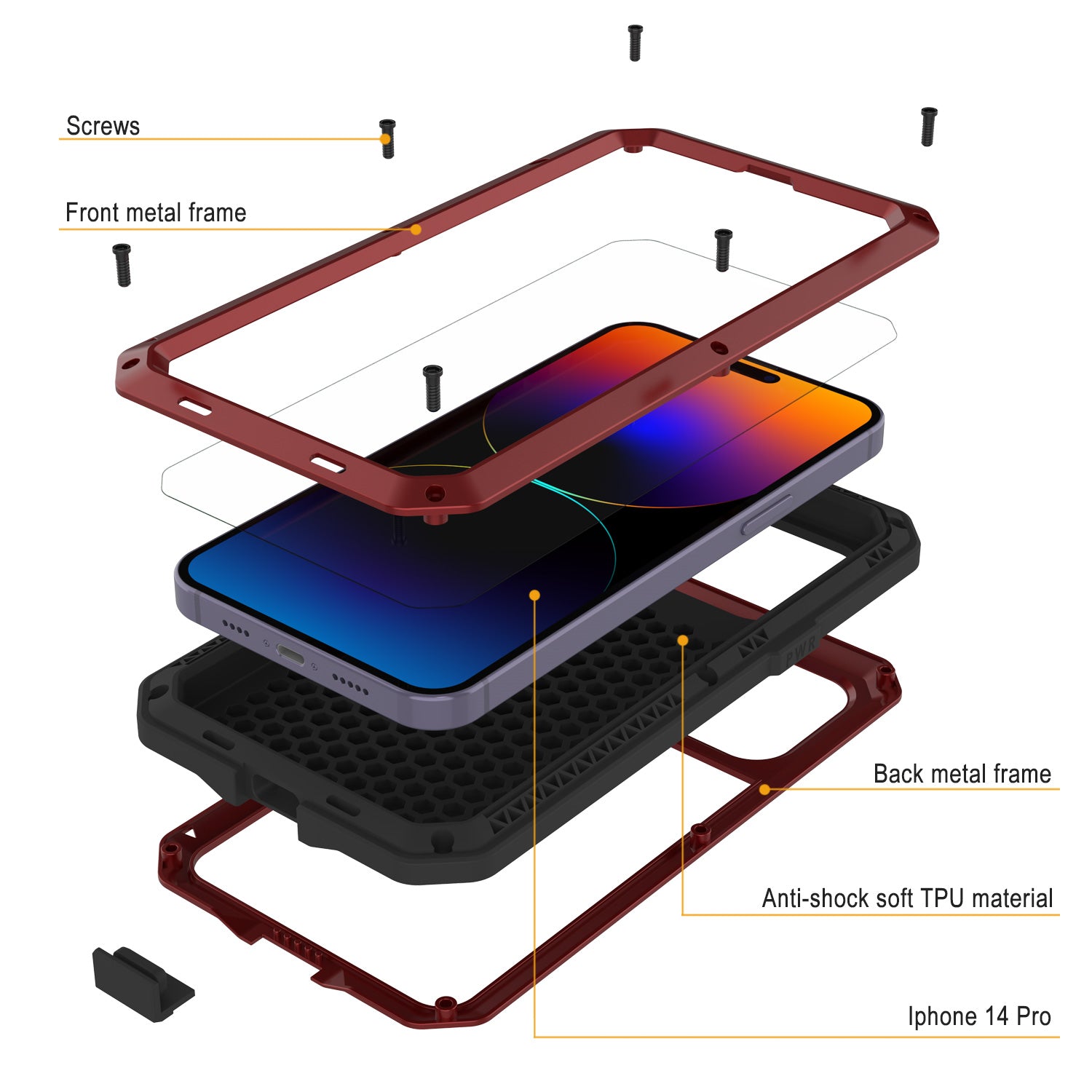 iPhone 14 Pro Metal Case, Heavy Duty Military Grade Armor Cover [shock proof] Full Body Hard [Red]