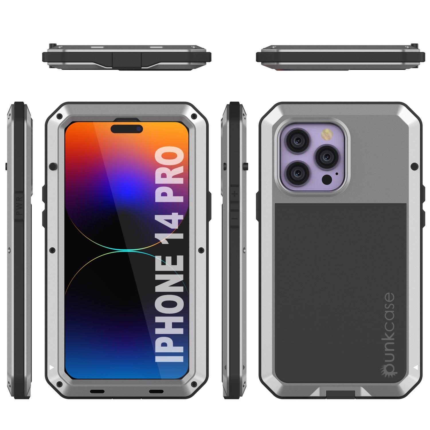 iPhone 14 Pro Metal Case, Heavy Duty Military Grade Armor Cover [shock proof] Full Body Hard [Silver]